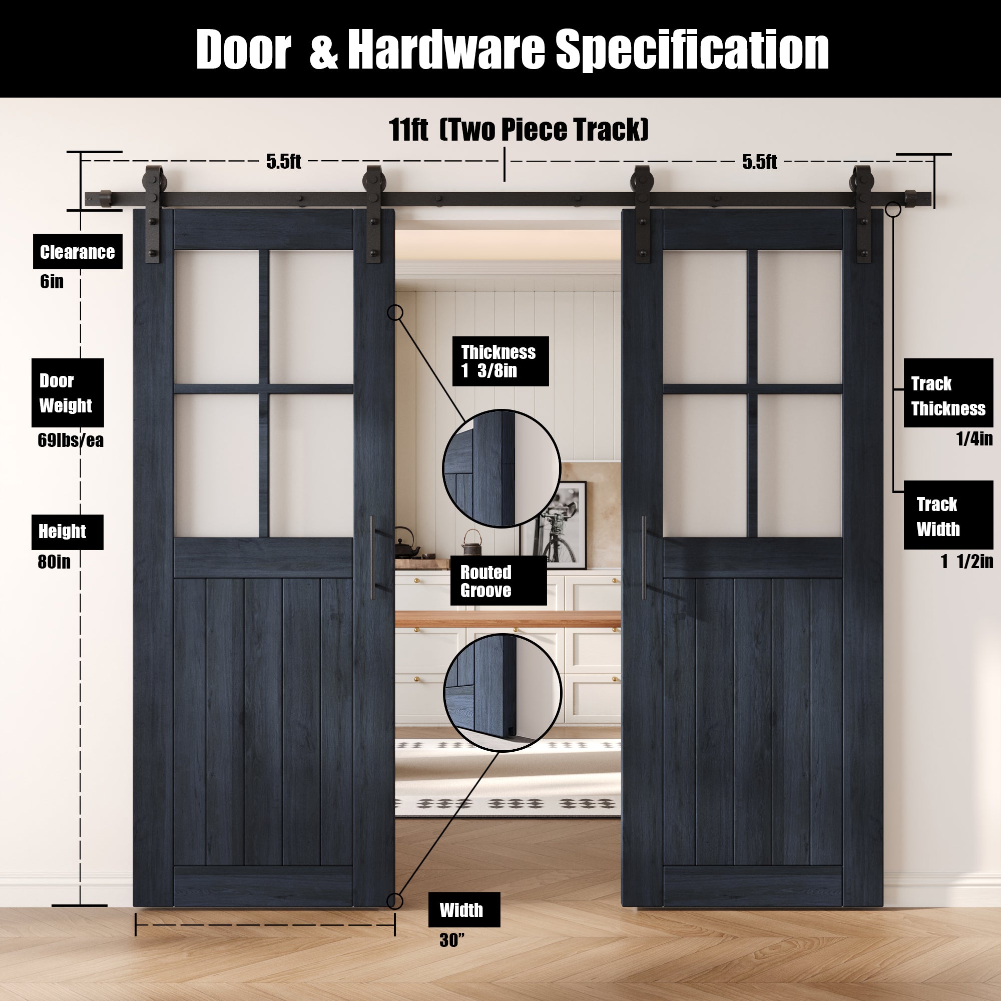 80" Height Navy Half Lite Grid Glass Double Unassembled & Finished Pine Wood Barn Doors with Non-Bypass Installation Hardware Kit (Interior Use Only)