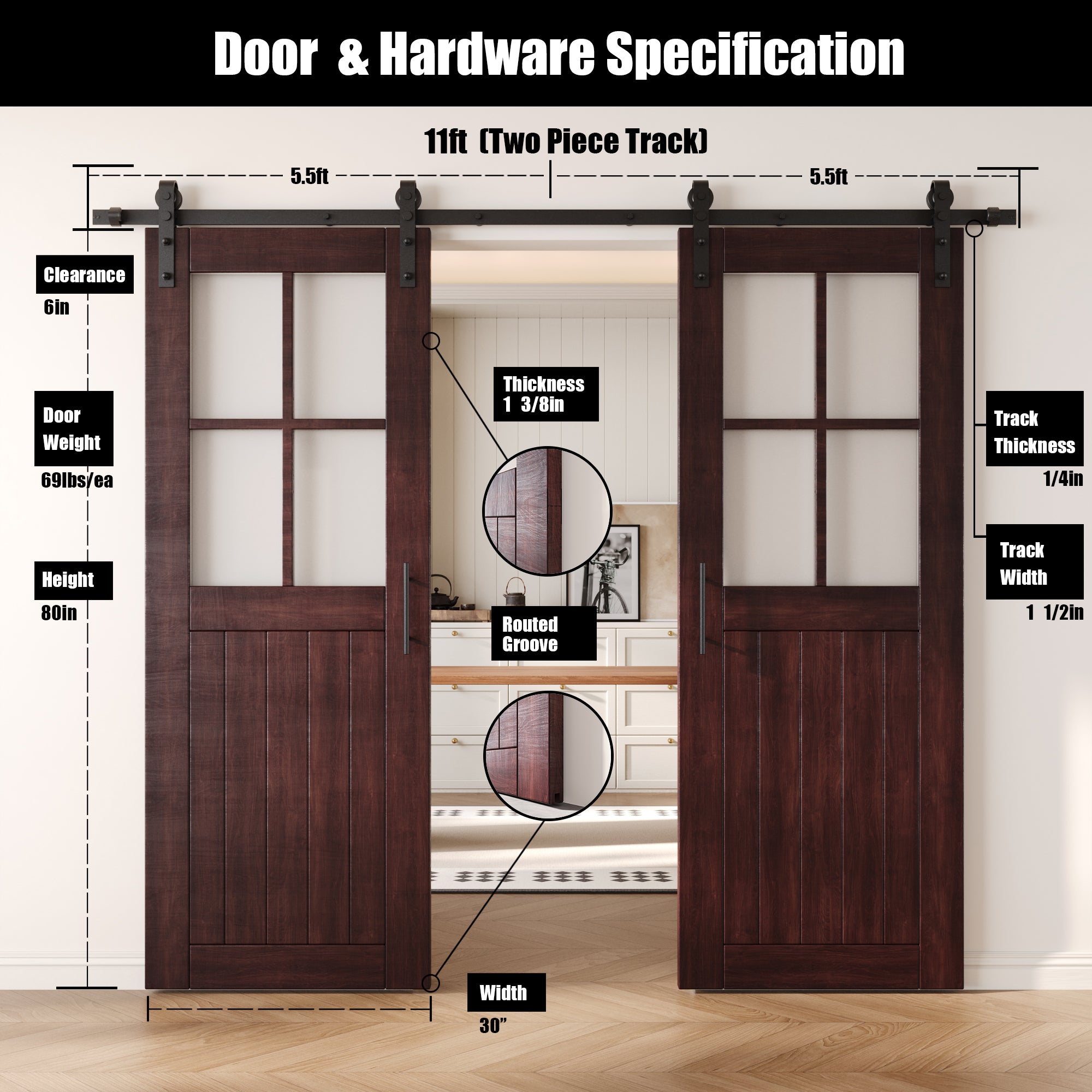 80" Height Red Mahogany Half Lite Grid Glass Double Unassembled & Finished Pine Wood Barn Doors with Non-Bypass Installation Hardware Kit (Interior Use Only)