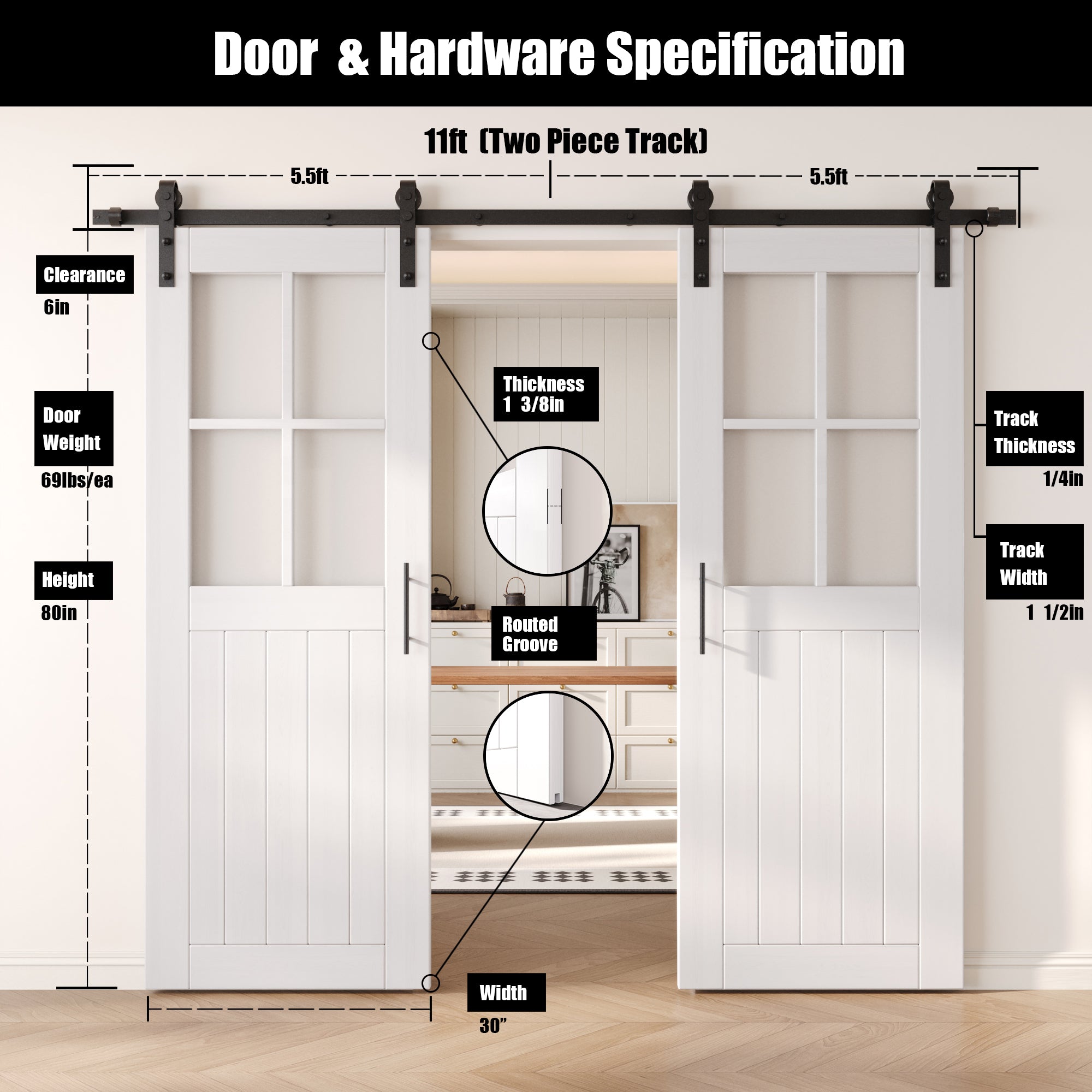 80" Height White Half Lite Grid Glass Double Unassembled & Finished Pine Wood Barn Doors with Non-Bypass Installation Hardware Kit (Interior Use Only)
