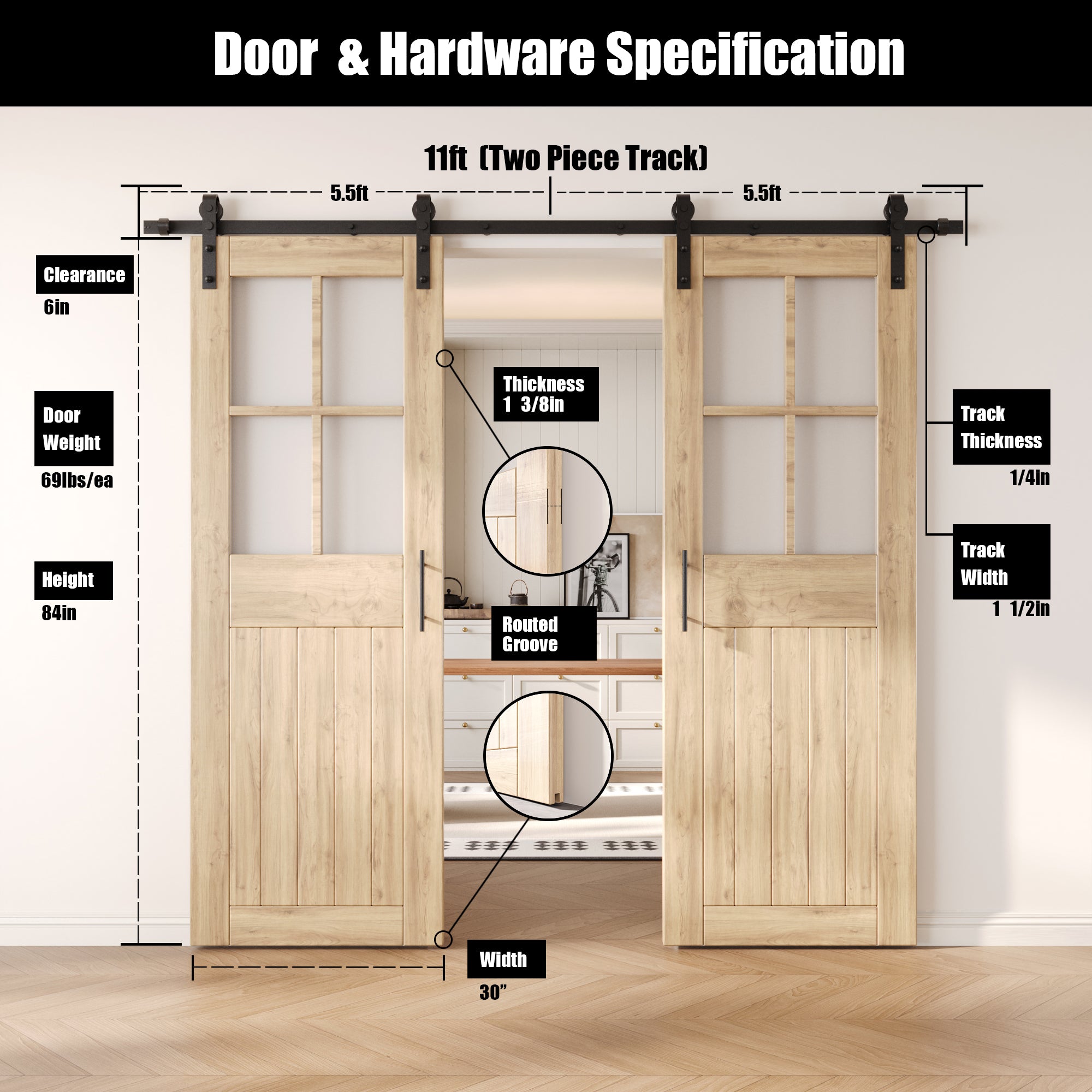 84" Height Half Lite Grid Glass Double Unassembled & Unfinished Pine Wood Barn Doors with Non-Bypass Installation Hardware Kit (Interior Use Only)