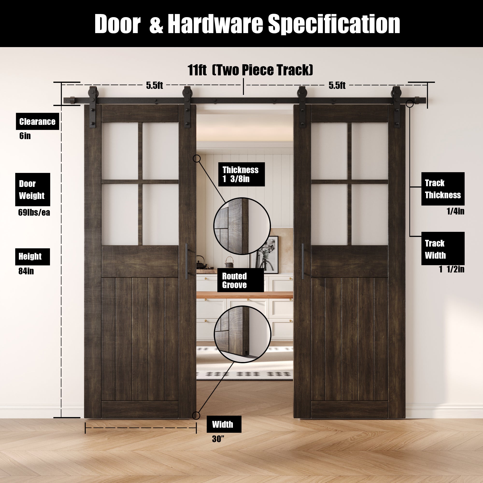 84" Height Ebony Half Lite Grid Glass Double Unassembled & Finished Pine Wood Barn Doors with Non-Bypass Installation Hardware Kit (Interior Use Only)