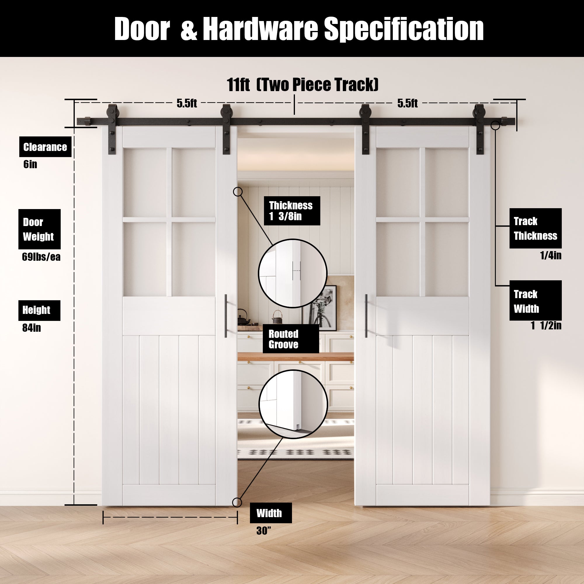 84" Height White Half Lite Grid Glass Double Unassembled & Finished Pine Wood Barn Doors with Non-Bypass Installation Hardware Kit (Interior Use Only)