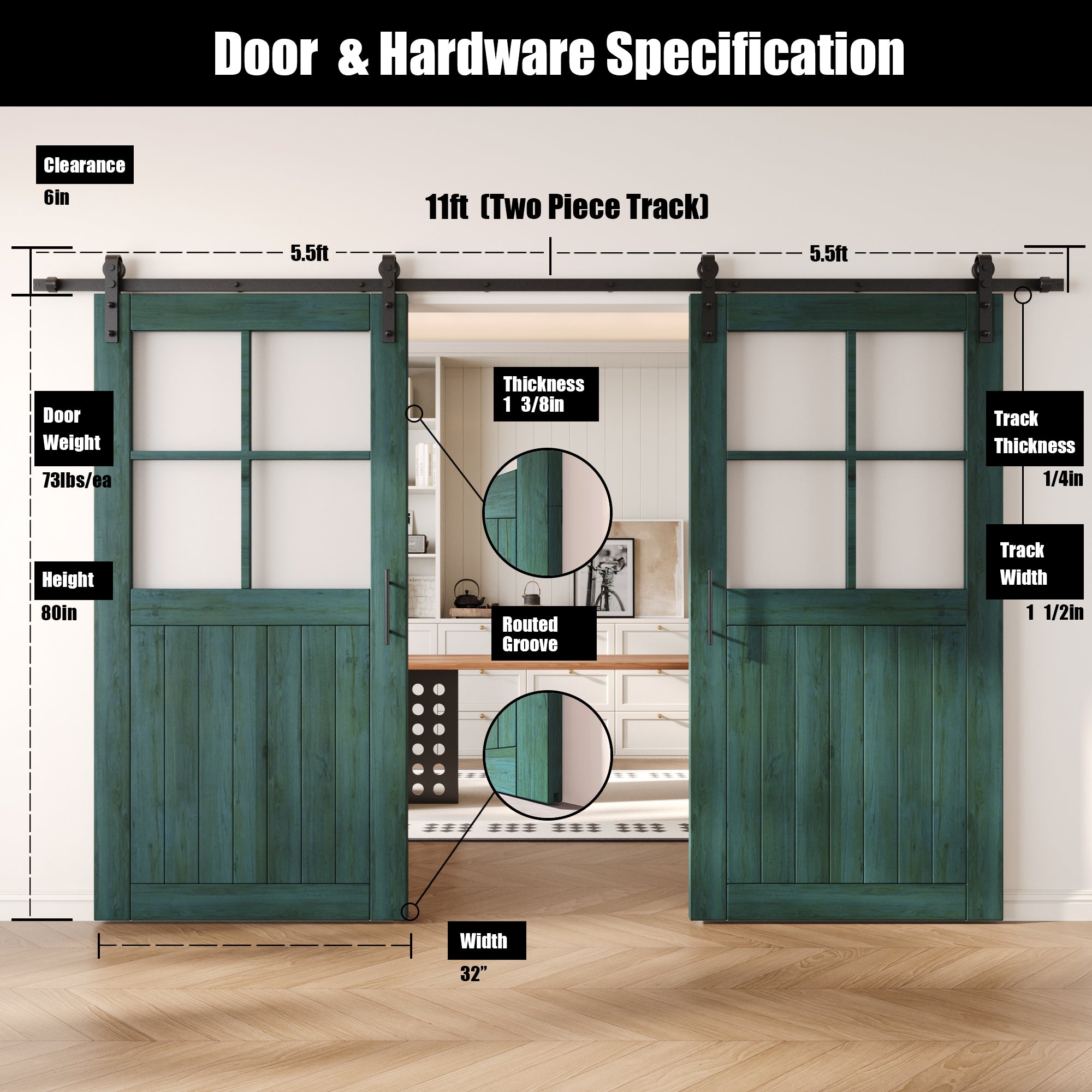 80" Height Royal Pine Half Lite Grid Glass Double Unassembled & Finished Pine Wood Barn Doors with Non-Bypass Installation Hardware Kit (Interior Use Only)