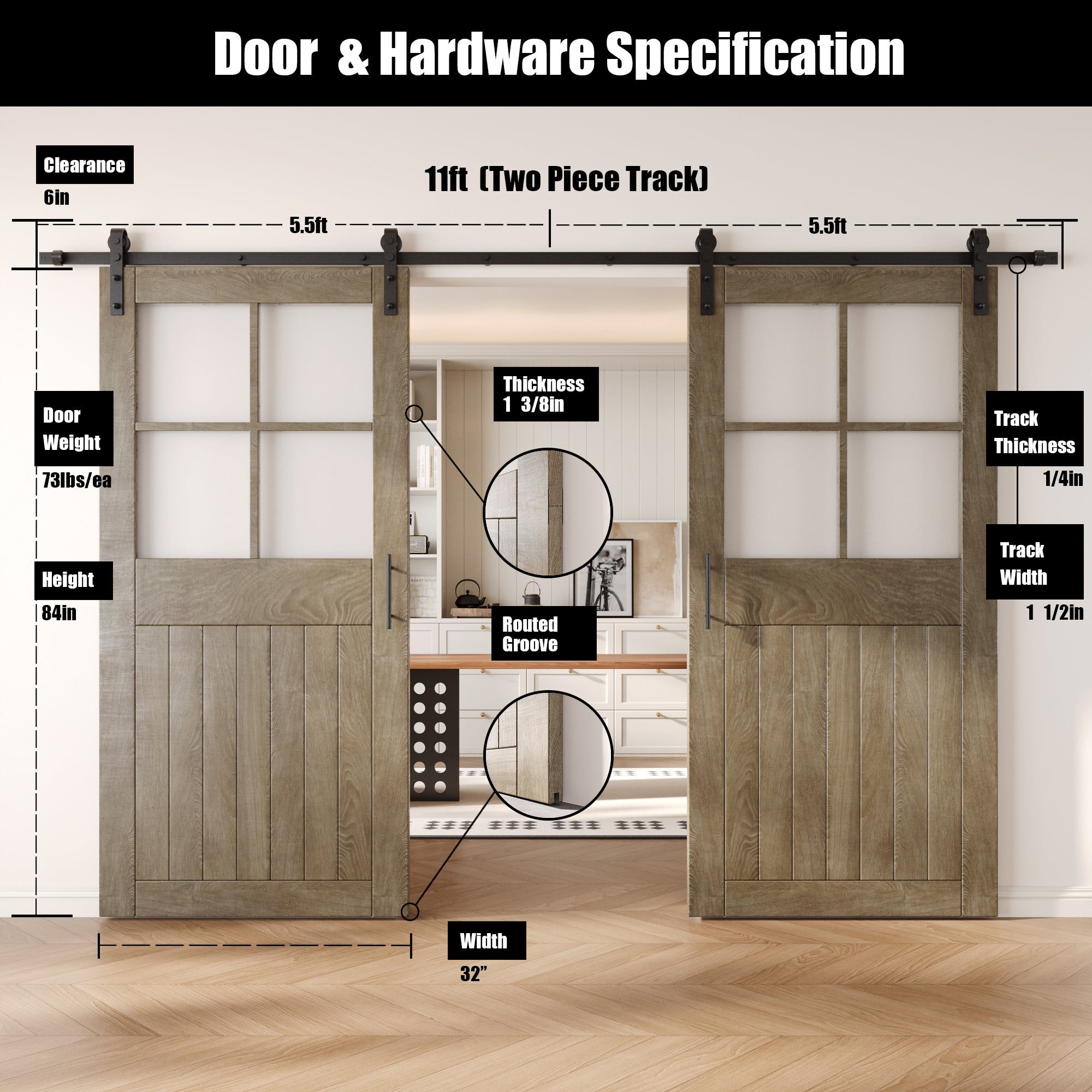 84" Height Classic Gray Half Lite Grid Glass Double Unassembled & Finished Pine Wood Barn Doors with Non-Bypass Installation Hardware Kit (Interior Use Only)