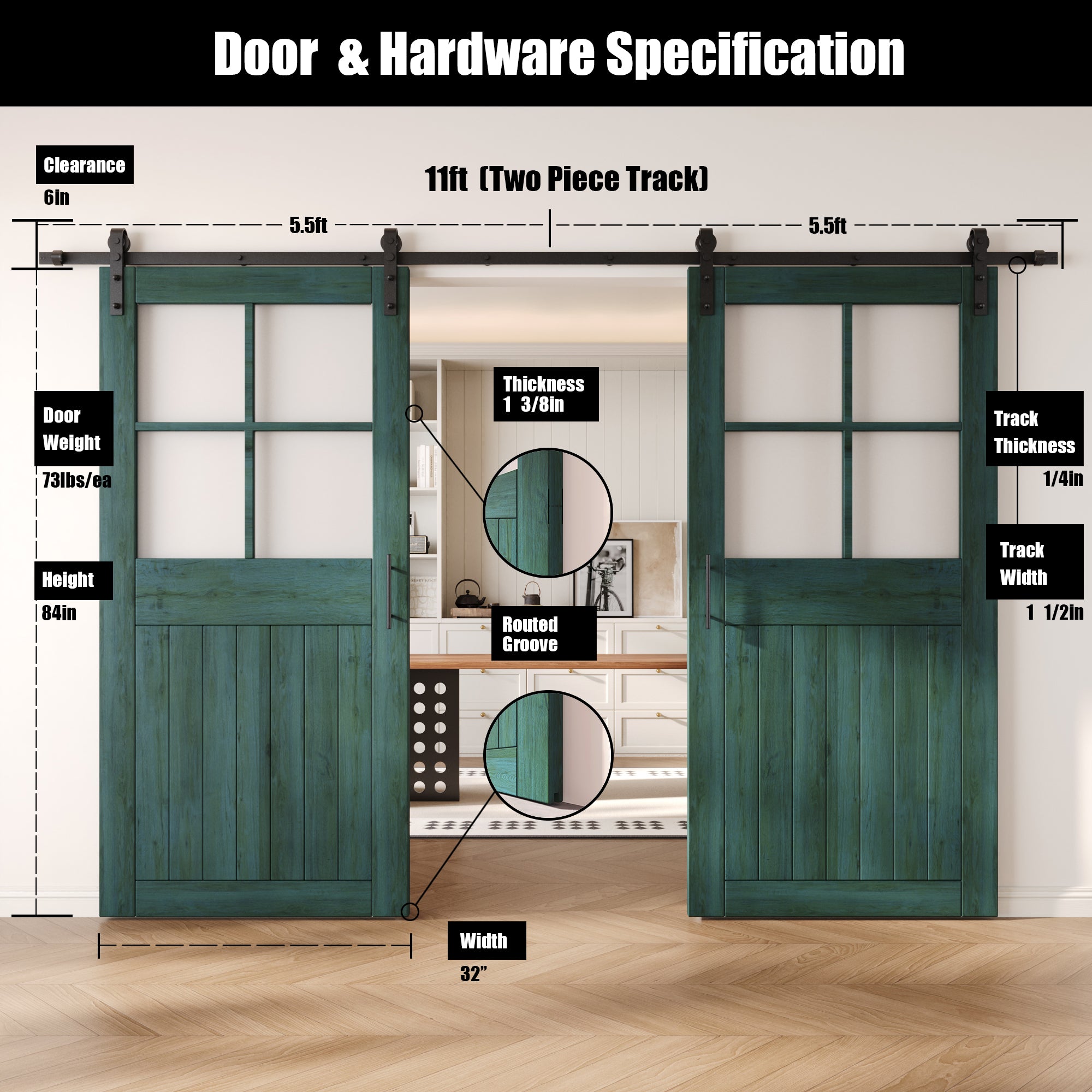 84" Height Royal Pine Half Lite Grid Glass Double Unassembled & Finished Pine Wood Barn Doors with Non-Bypass Installation Hardware Kit (Interior Use Only)