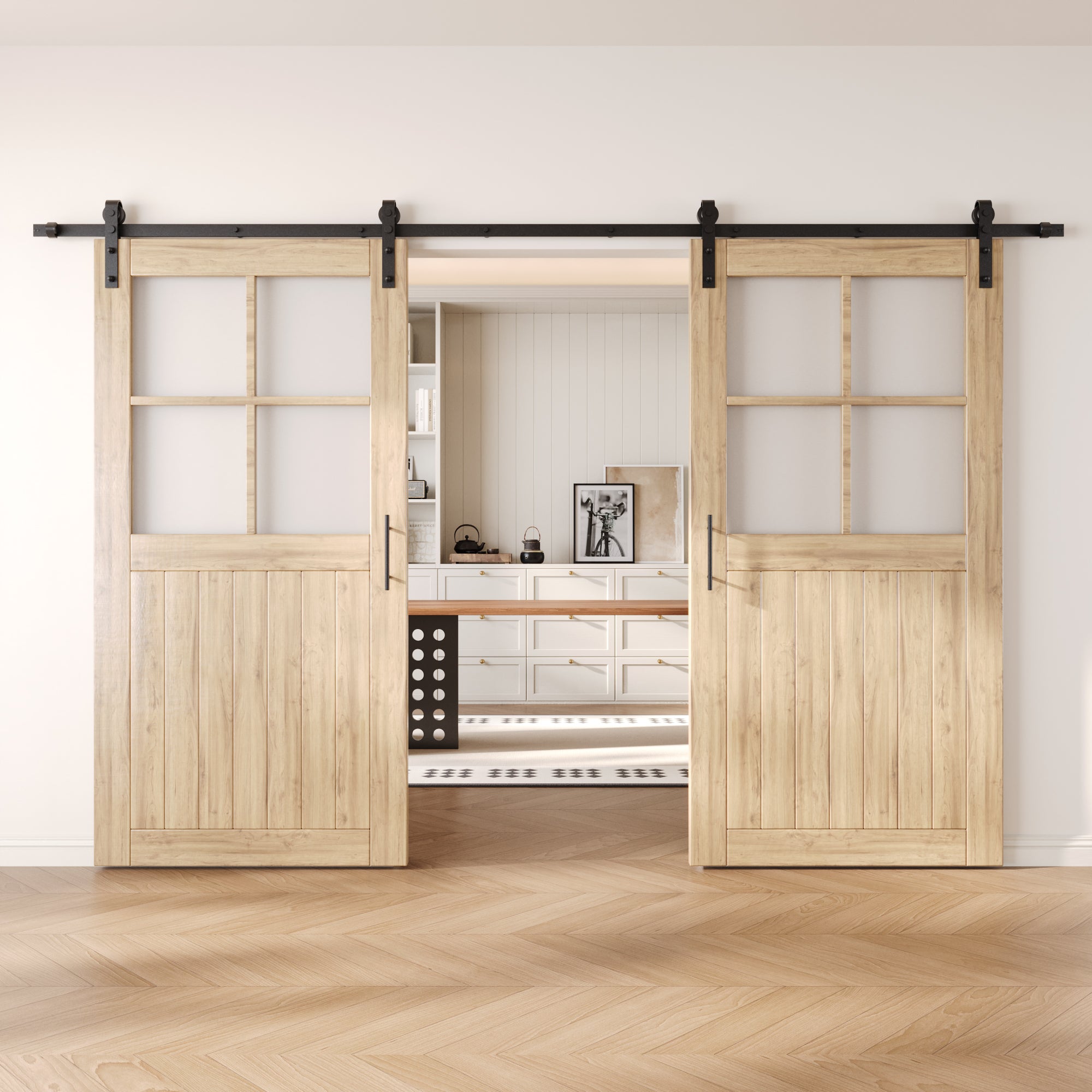 80" Height Half Lite Grid Glass Double Unassembled & Unfinished Pine Wood Barn Doors with Non-Bypass Installation Hardware Kit (Interior Use Only)