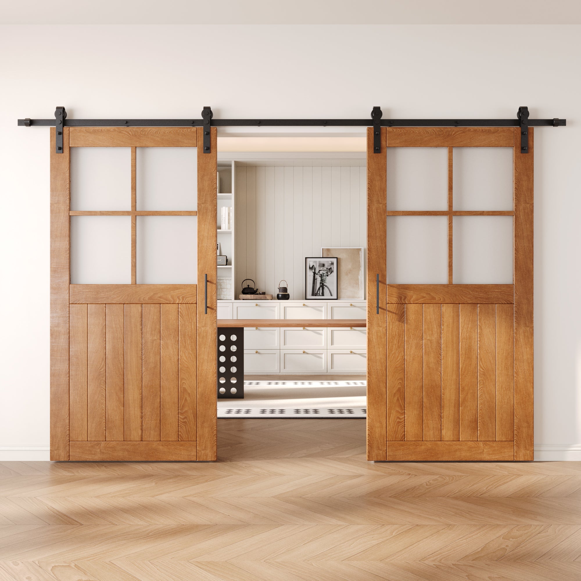 80" Height Early American Half Lite Grid Glass Double Unassembled & Finished Pine Wood Barn Doors with Non-Bypass Installation Hardware Kit (Interior Use Only)