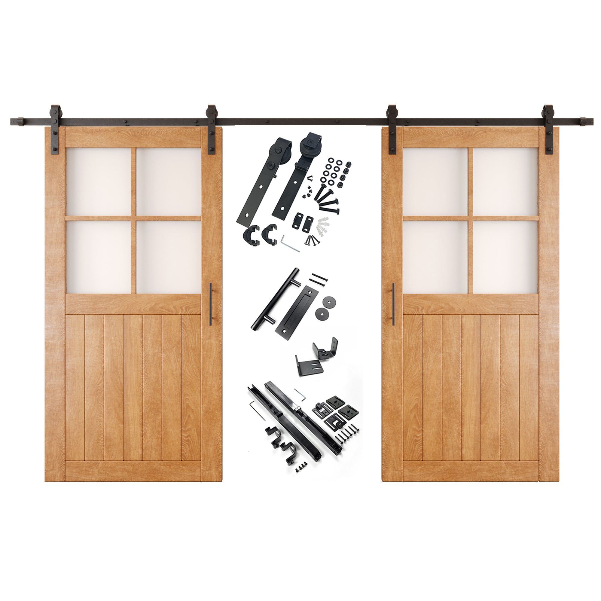 80" Height Early American Half Lite Grid Glass Double Unassembled & Finished Pine Wood Barn Doors with Non-Bypass Installation Hardware Kit (Interior Use Only)