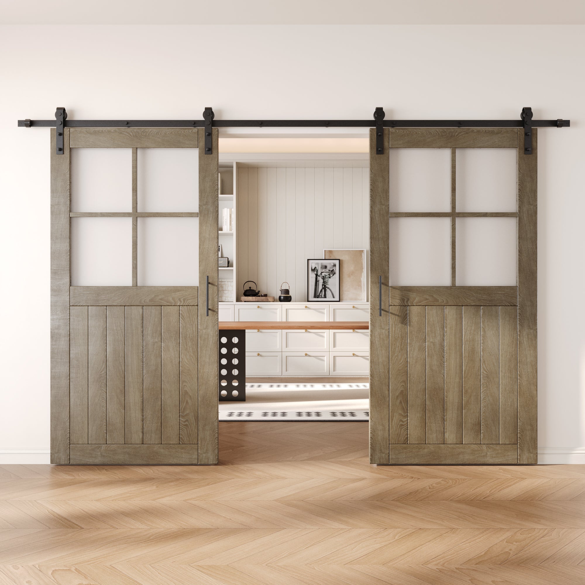 80" Height Classic Gray Half Lite Grid Glass Double Unassembled & Finished Pine Wood Barn Doors with Non-Bypass Installation Hardware Kit (Interior Use Only)