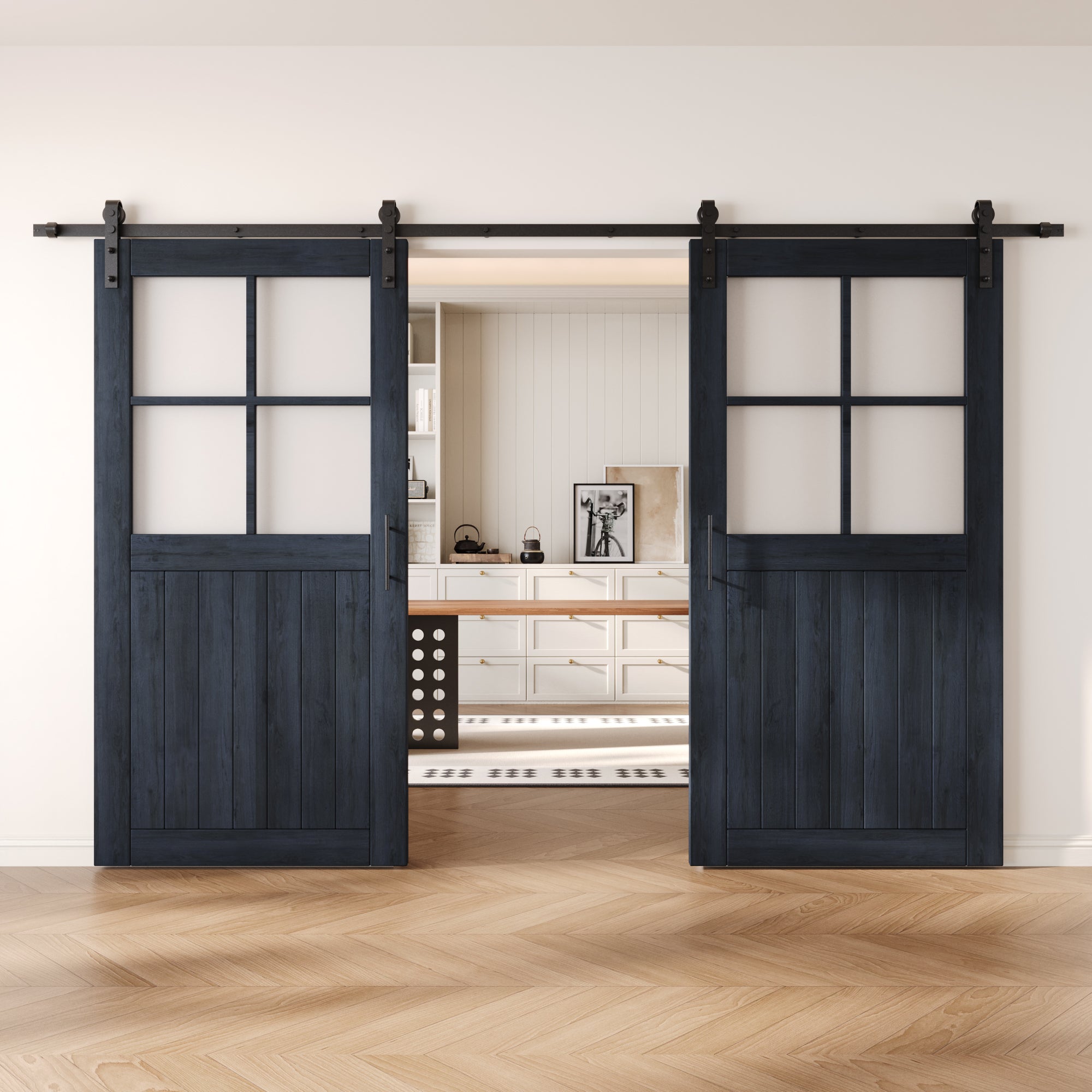 80" Height Navy Half Lite Grid Glass Double Unassembled & Finished Pine Wood Barn Doors with Non-Bypass Installation Hardware Kit (Interior Use Only)