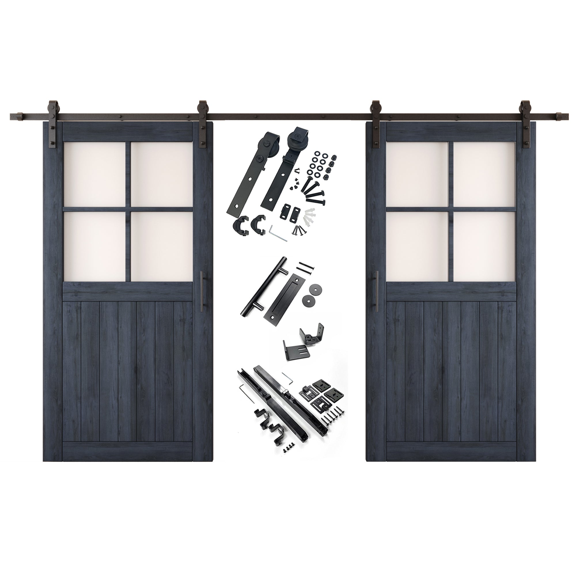 80" Height Navy Half Lite Grid Glass Double Unassembled & Finished Pine Wood Barn Doors with Non-Bypass Installation Hardware Kit (Interior Use Only)