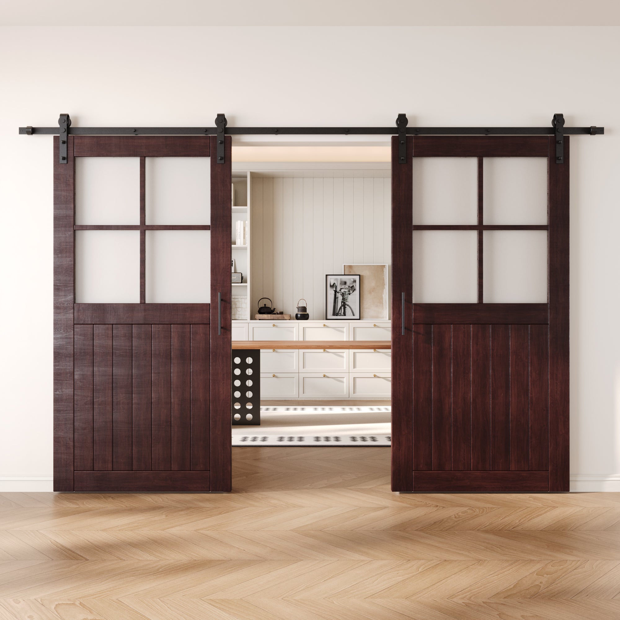 80" Height Red Mahogany Half Lite Grid Glass Double Unassembled & Finished Pine Wood Barn Doors with Non-Bypass Installation Hardware Kit (Interior Use Only)