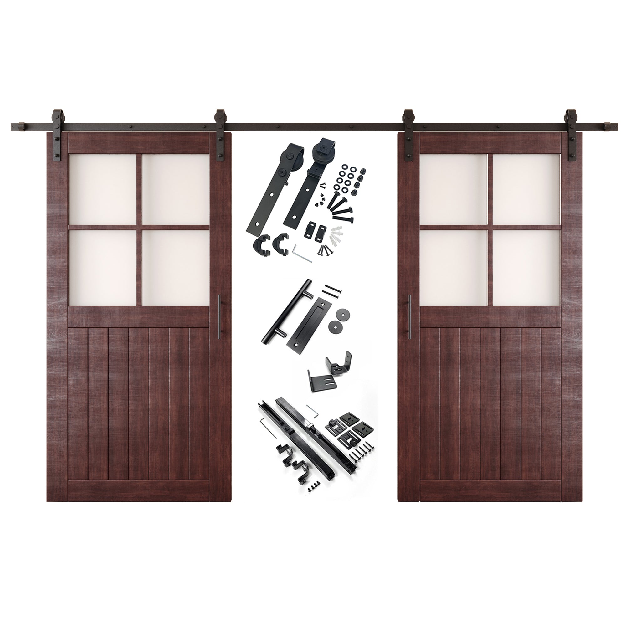 80" Height Red Mahogany Half Lite Grid Glass Double Unassembled & Finished Pine Wood Barn Doors with Non-Bypass Installation Hardware Kit (Interior Use Only)