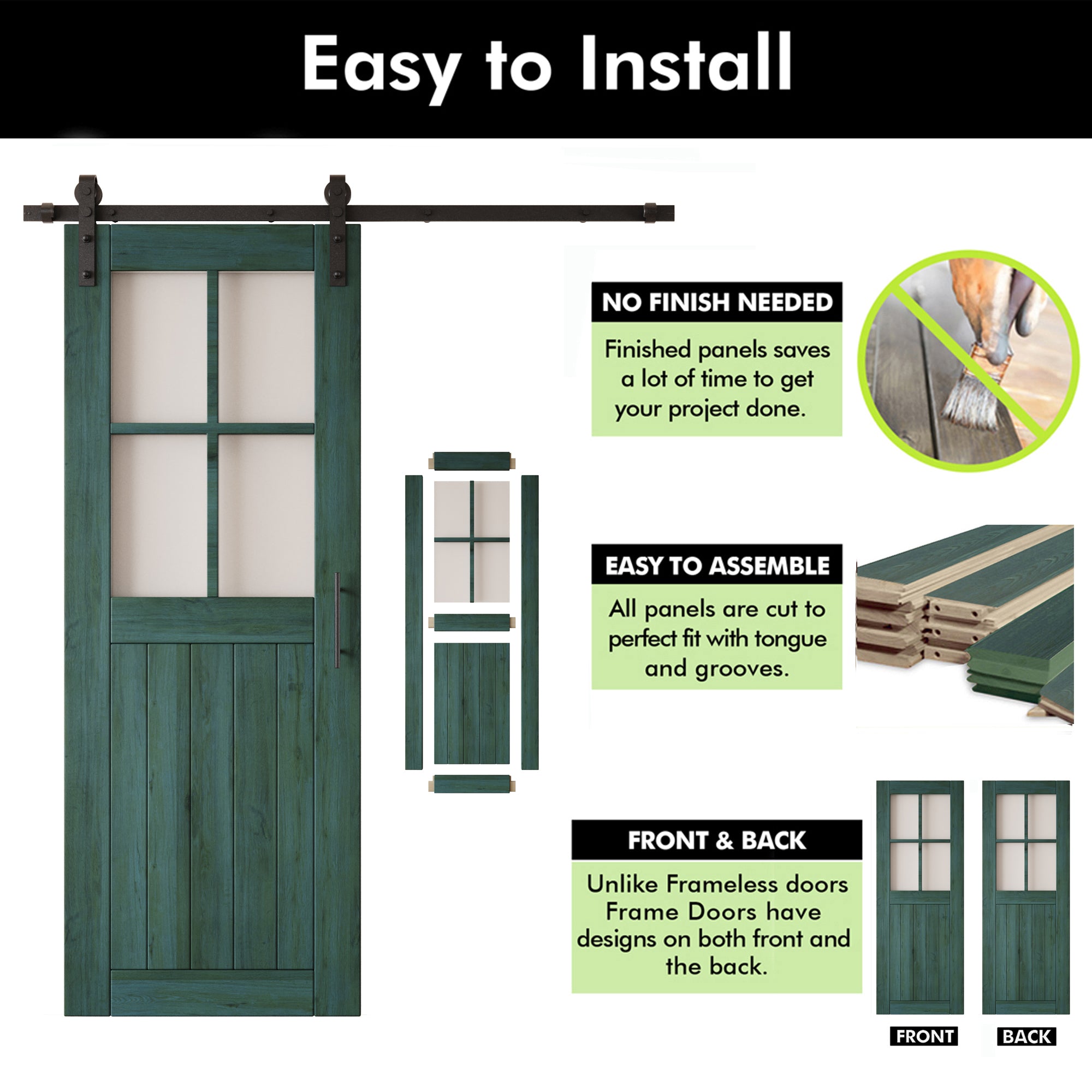 80" Height Royal Pine Half Lite Grid Glass Double Unassembled & Finished Pine Wood Barn Doors with Non-Bypass Installation Hardware Kit (Interior Use Only)