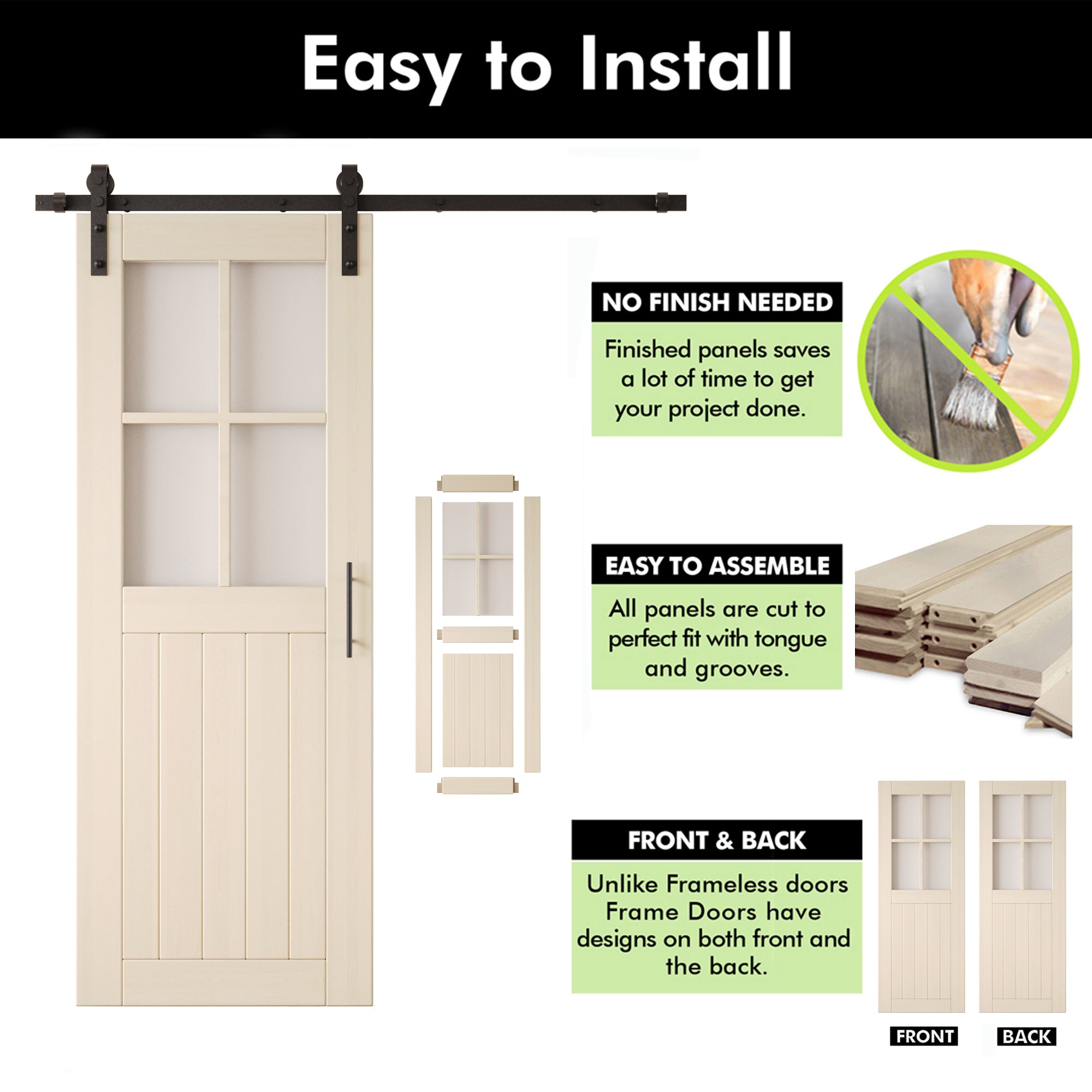 80" Height Tinsmith Gray Half Lite Grid Glass Double Unassembled & Finished Pine Wood Barn Doors with Non-Bypass Installation Hardware Kit (Interior Use Only)