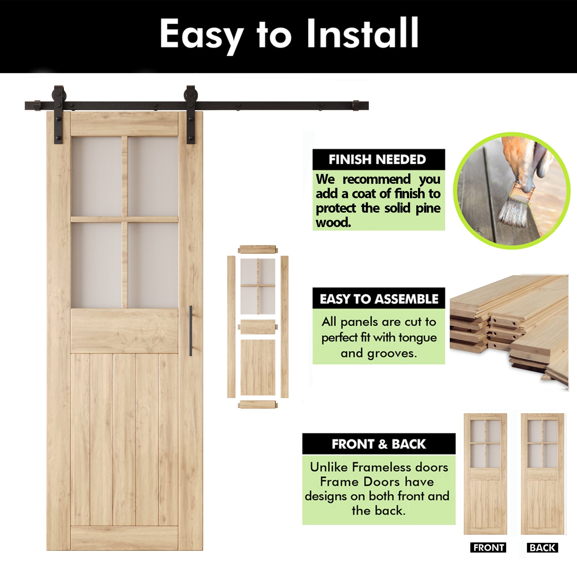 84" Height Half Lite Grid Glass Double Unassembled & Unfinished Pine Wood Barn Doors with Non-Bypass Installation Hardware Kit (Interior Use Only)
