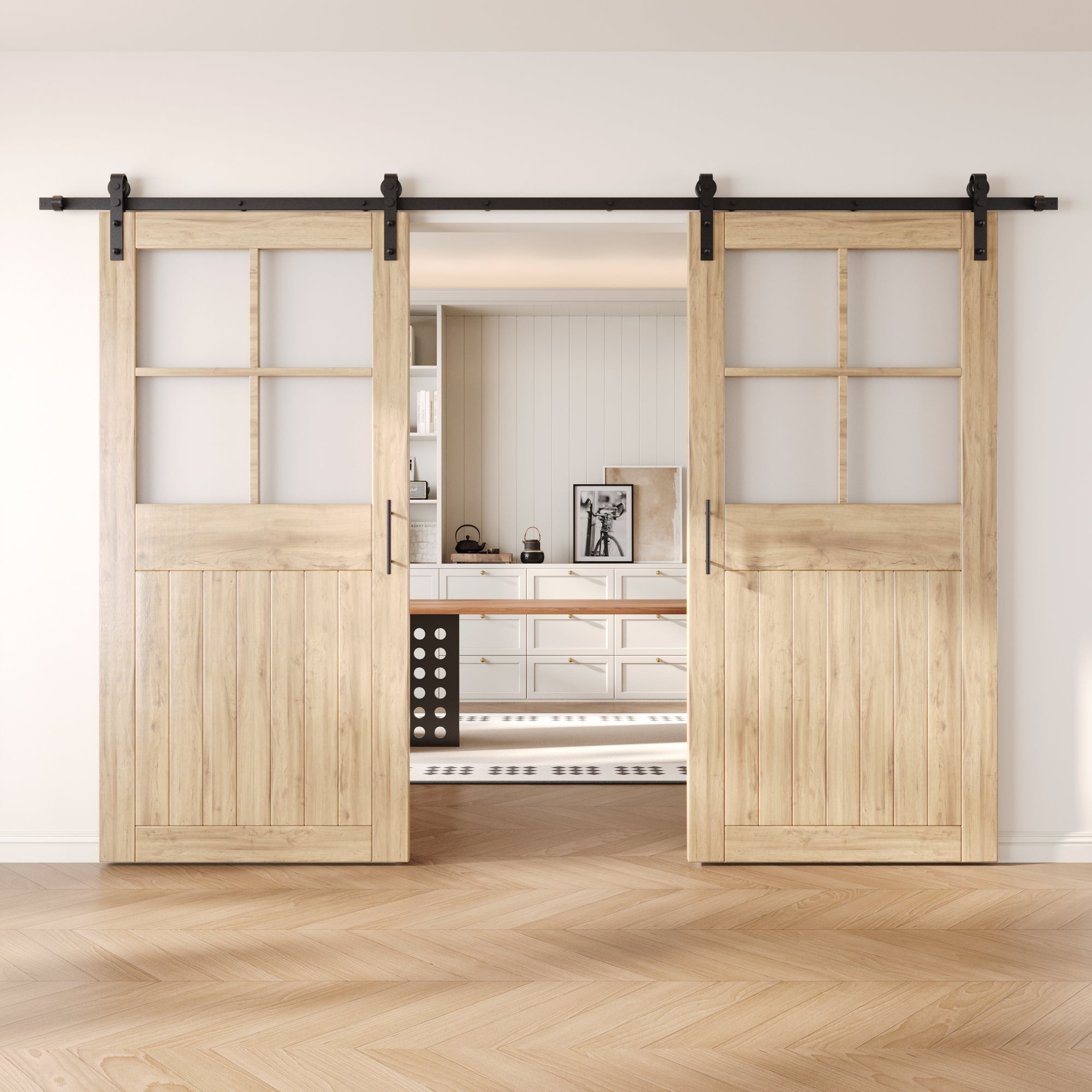 84" Height Half Lite Grid Glass Double Unassembled & Unfinished Pine Wood Barn Doors with Non-Bypass Installation Hardware Kit (Interior Use Only)