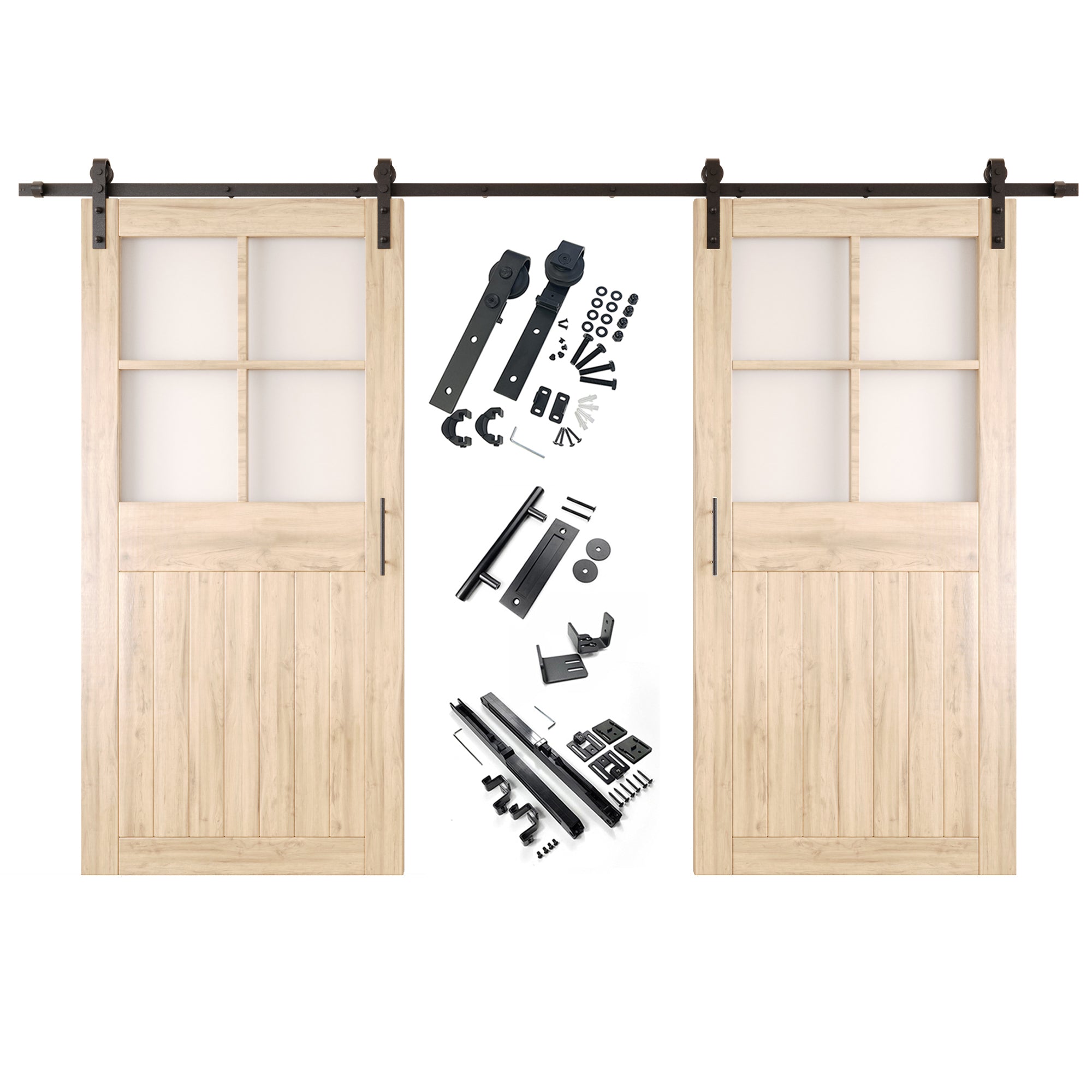84" Height Half Lite Grid Glass Double Unassembled & Unfinished Pine Wood Barn Doors with Non-Bypass Installation Hardware Kit (Interior Use Only)