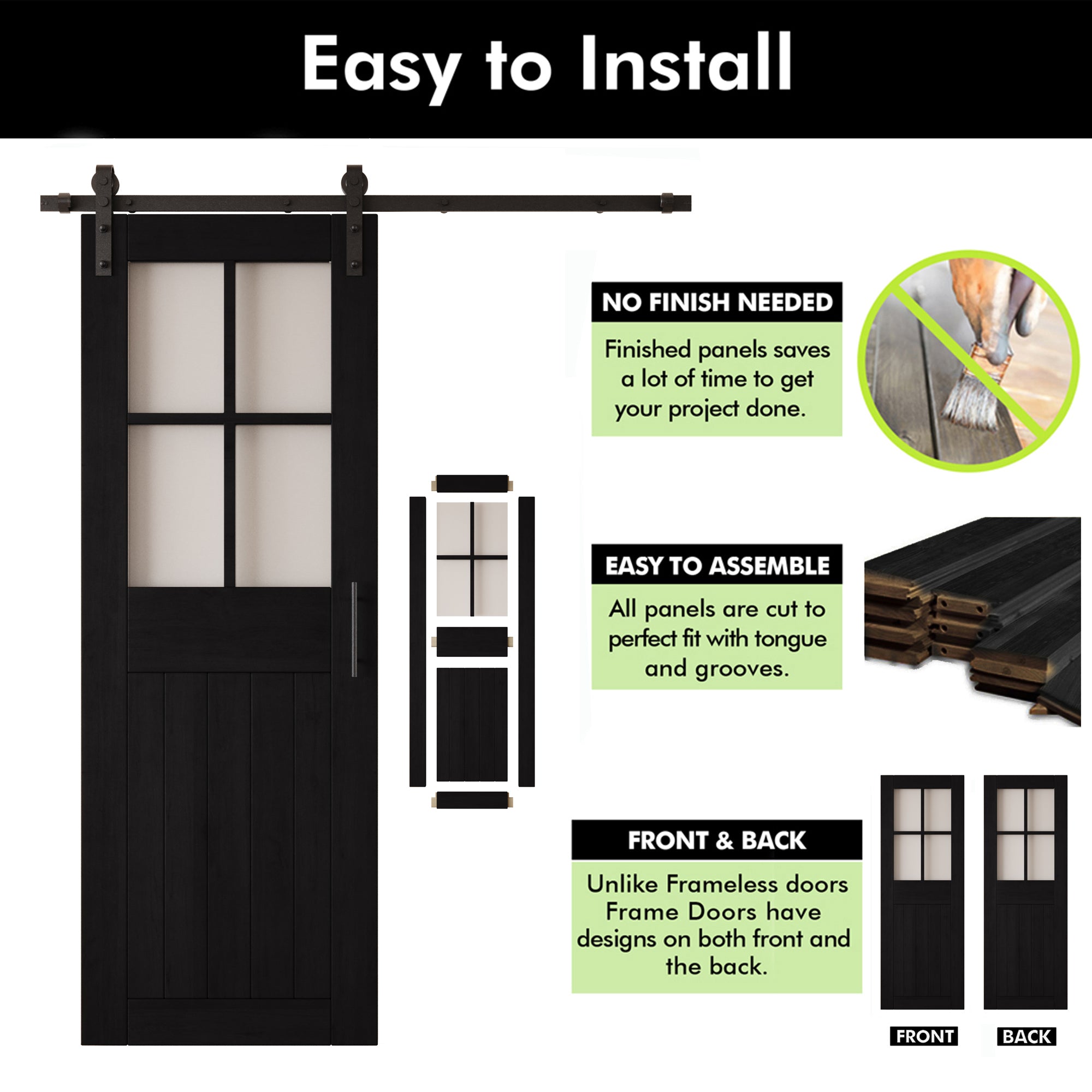 84" Height Black Half Lite Grid Glass Double Unassembled & Finished Pine Wood Barn Doors with Non-Bypass Installation Hardware Kit (Interior Use Only)
