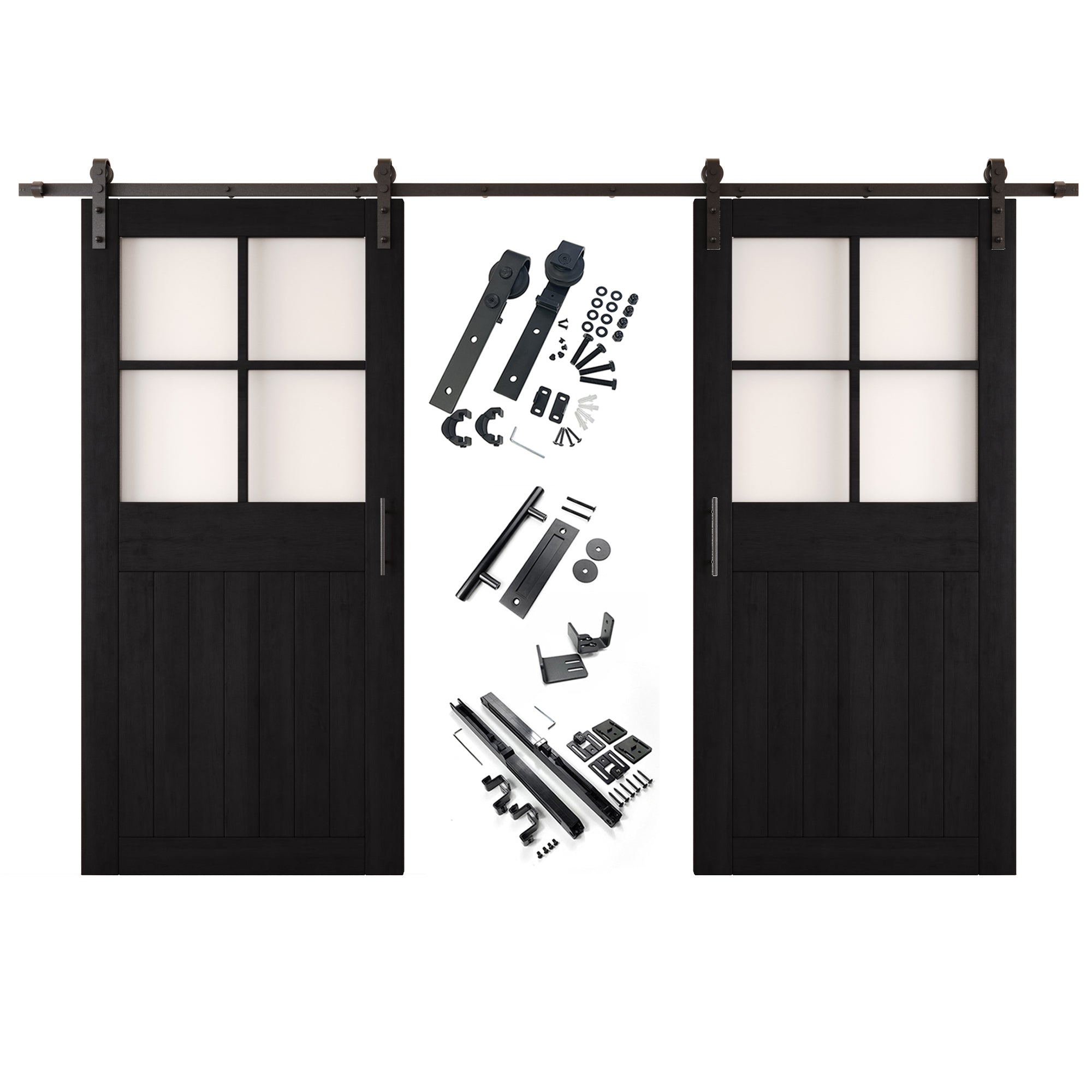 84" Height Black Half Lite Grid Glass Double Unassembled & Finished Pine Wood Barn Doors with Non-Bypass Installation Hardware Kit (Interior Use Only)