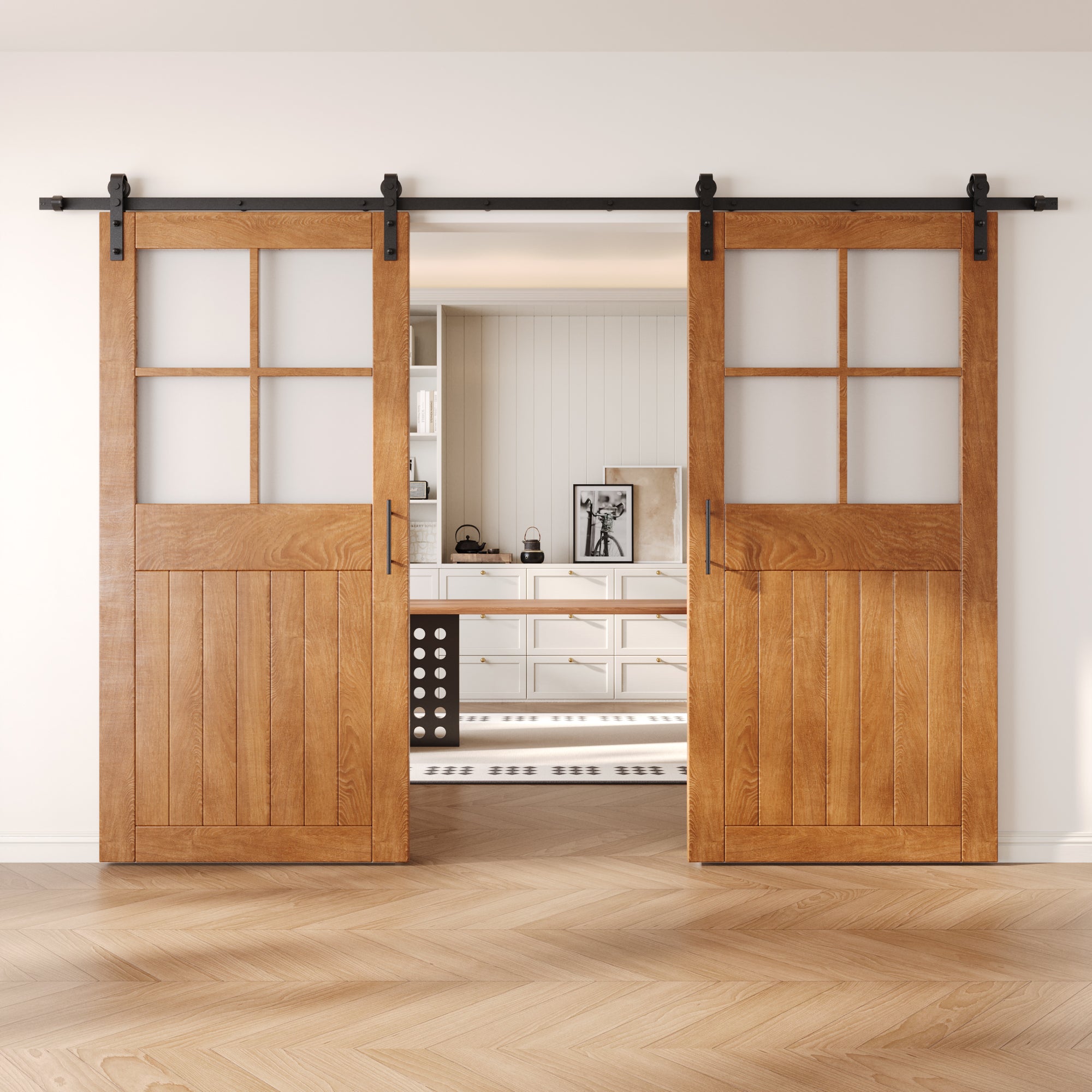 84" Height Early American Half Lite Grid Glass Double Unassembled & Finished Pine Wood Barn Doors with Non-Bypass Installation Hardware Kit (Interior Use Only)