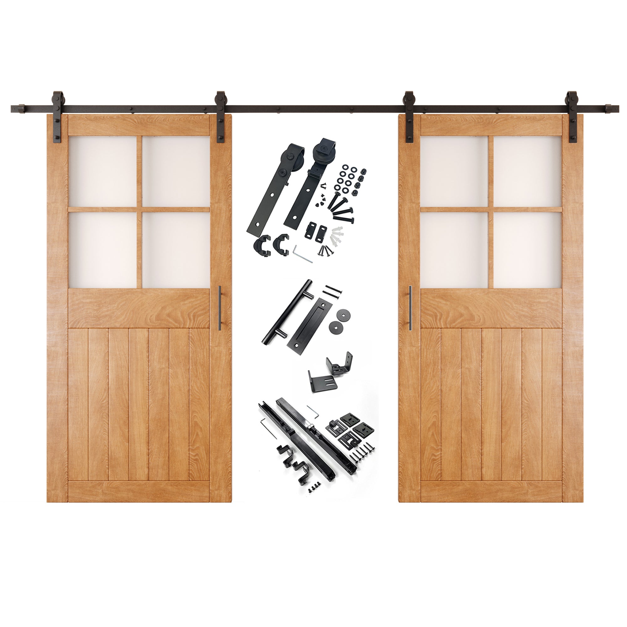 84" Height Early American Half Lite Grid Glass Double Unassembled & Finished Pine Wood Barn Doors with Non-Bypass Installation Hardware Kit (Interior Use Only)