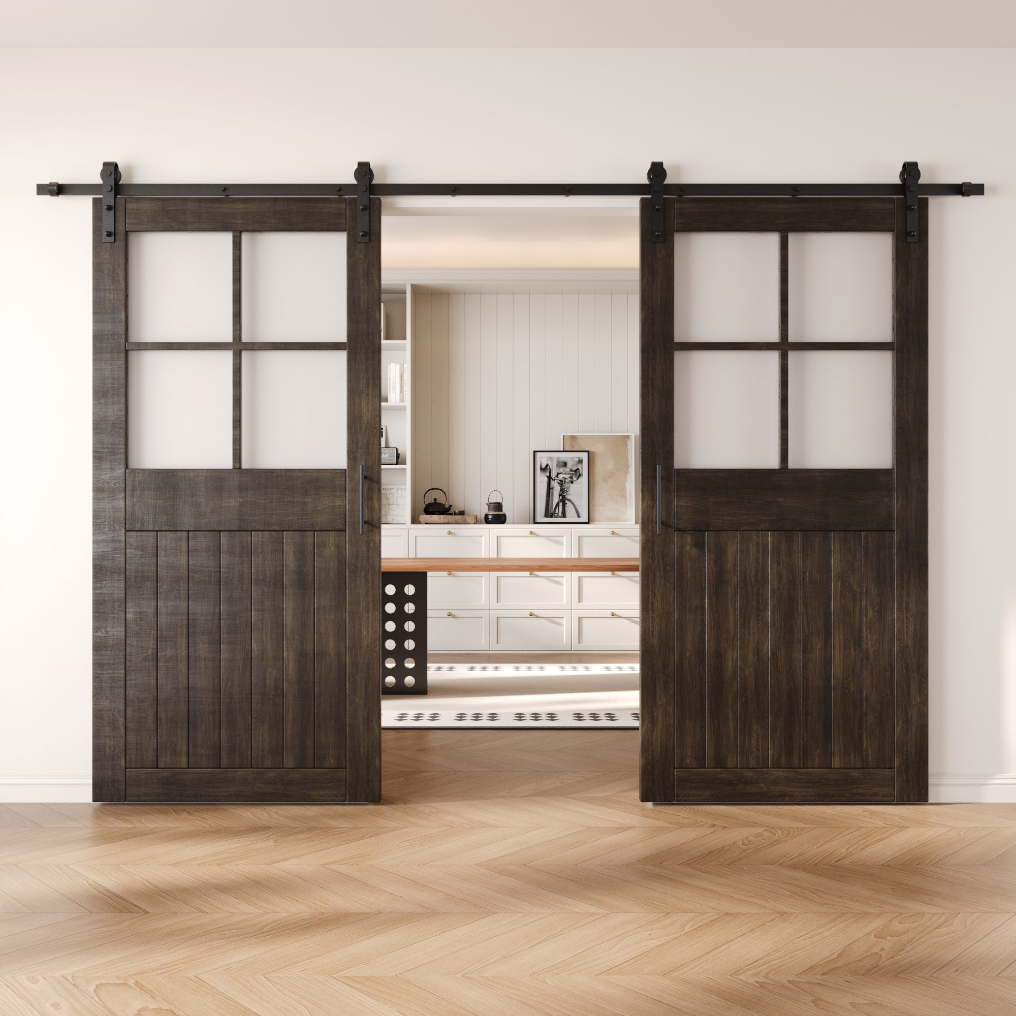 84" Height Ebony Half Lite Grid Glass Double Unassembled & Finished Pine Wood Barn Doors with Non-Bypass Installation Hardware Kit (Interior Use Only)