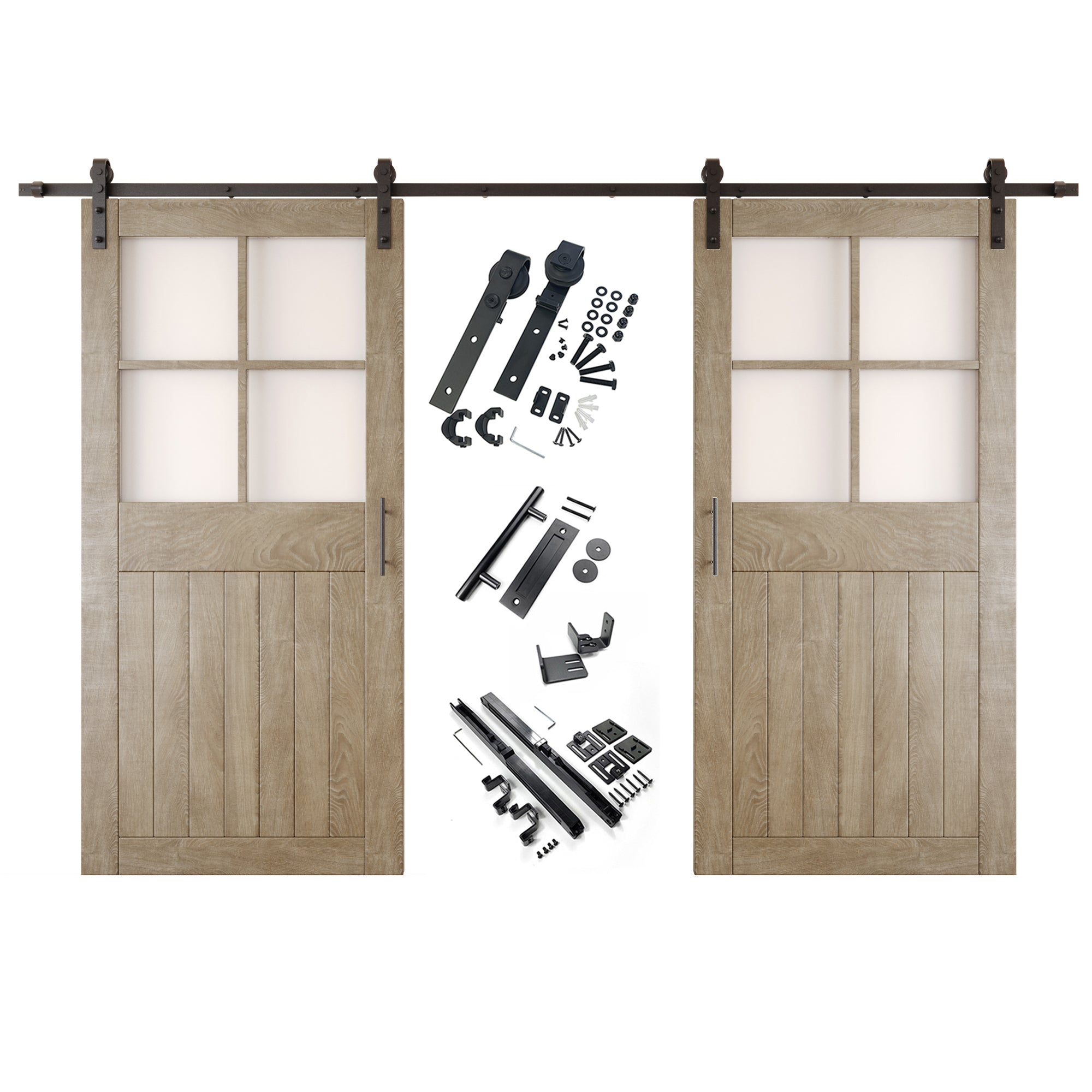 84" Height Classic Gray Half Lite Grid Glass Double Unassembled & Finished Pine Wood Barn Doors with Non-Bypass Installation Hardware Kit (Interior Use Only)