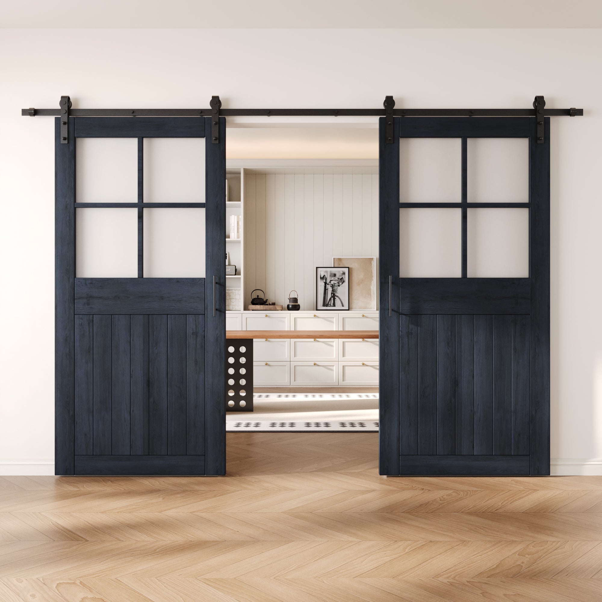 84" Height Navy Half Lite Grid Glass Double Unassembled & Finished Pine Wood Barn Doors with Non-Bypass Installation Hardware Kit (Interior Use Only)