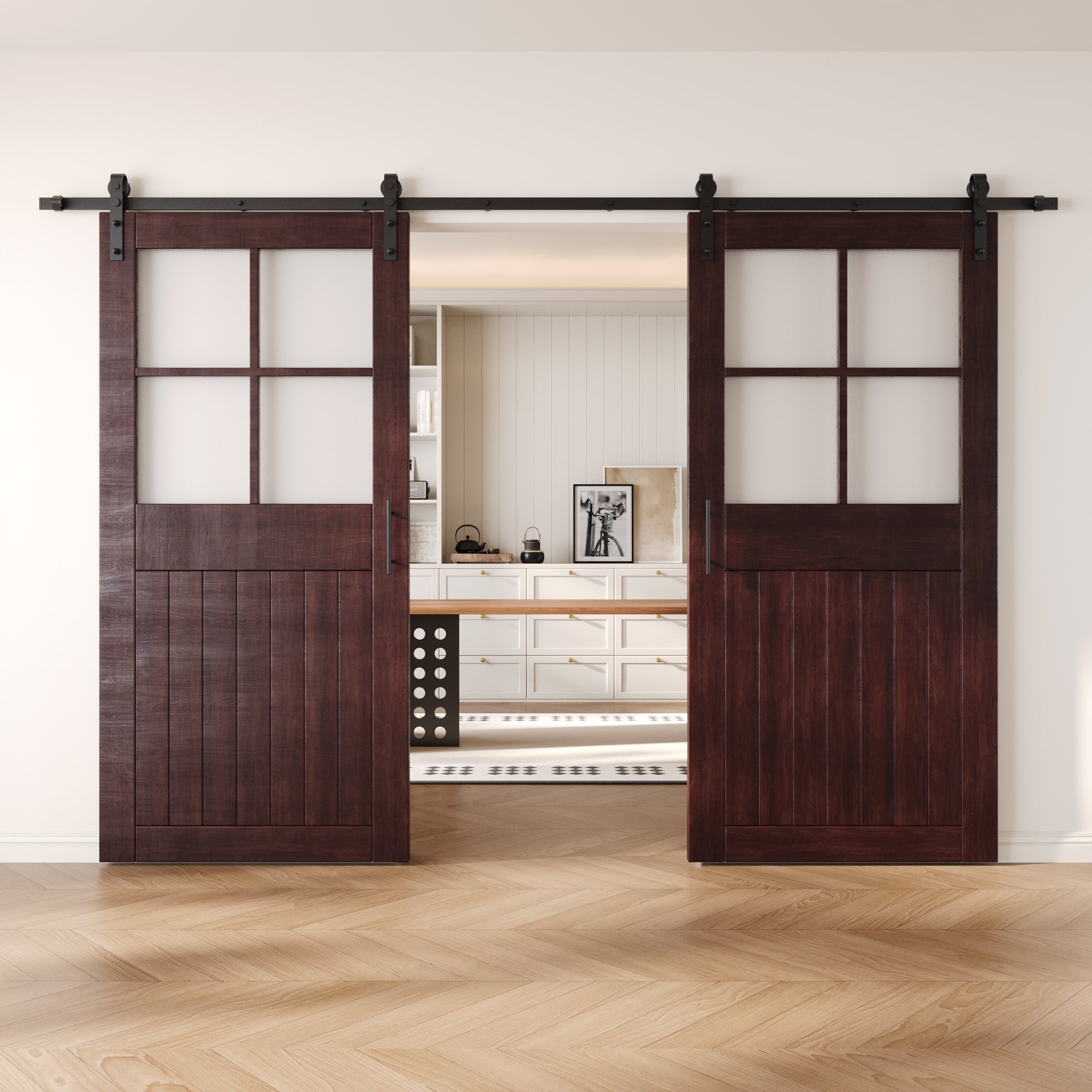 84" Height Red Mahogany Half Lite Grid Glass Double Unassembled & Finished Pine Wood Barn Doors with Non-Bypass Installation Hardware Kit (Interior Use Only)
