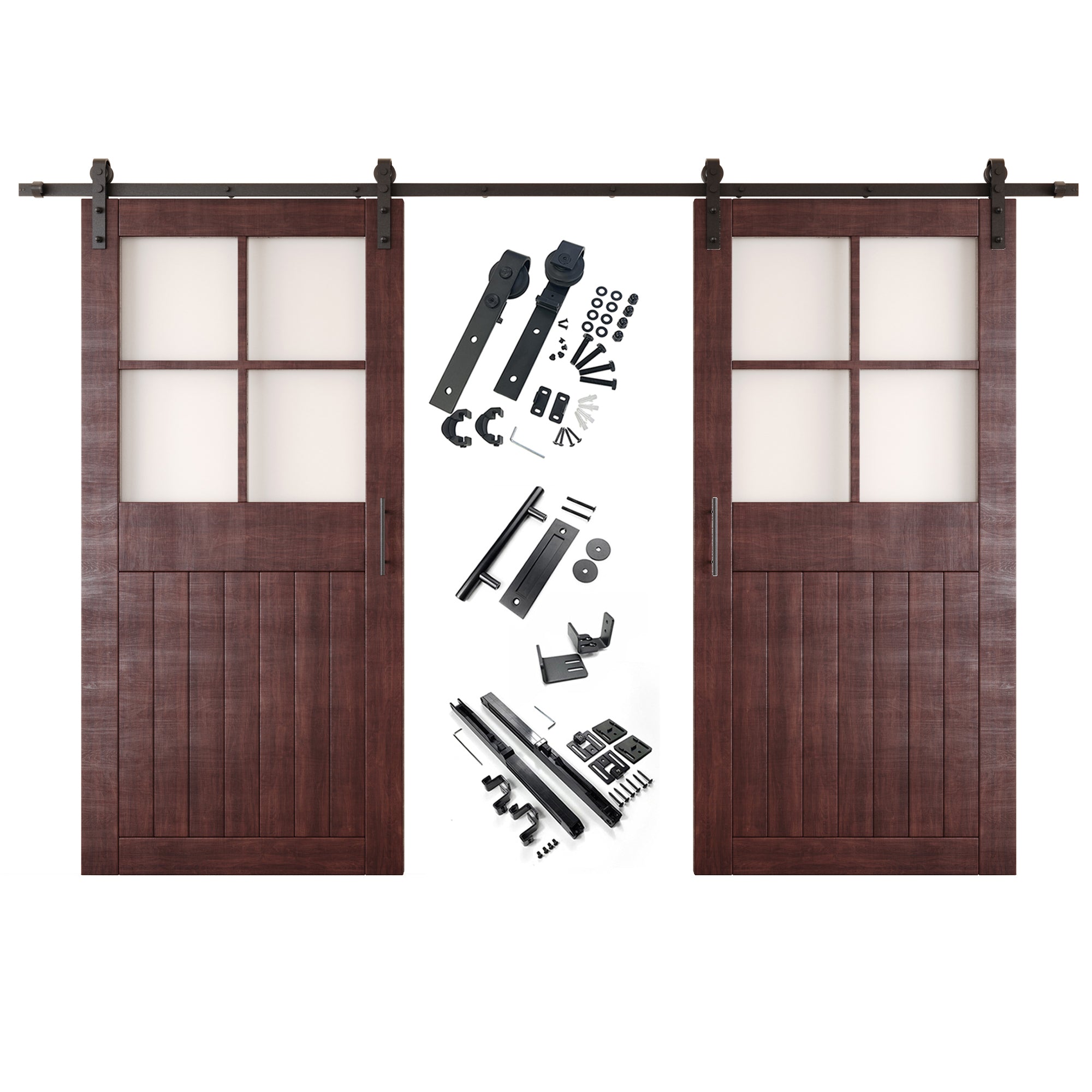 84" Height Red Mahogany Half Lite Grid Glass Double Unassembled & Finished Pine Wood Barn Doors with Non-Bypass Installation Hardware Kit (Interior Use Only)