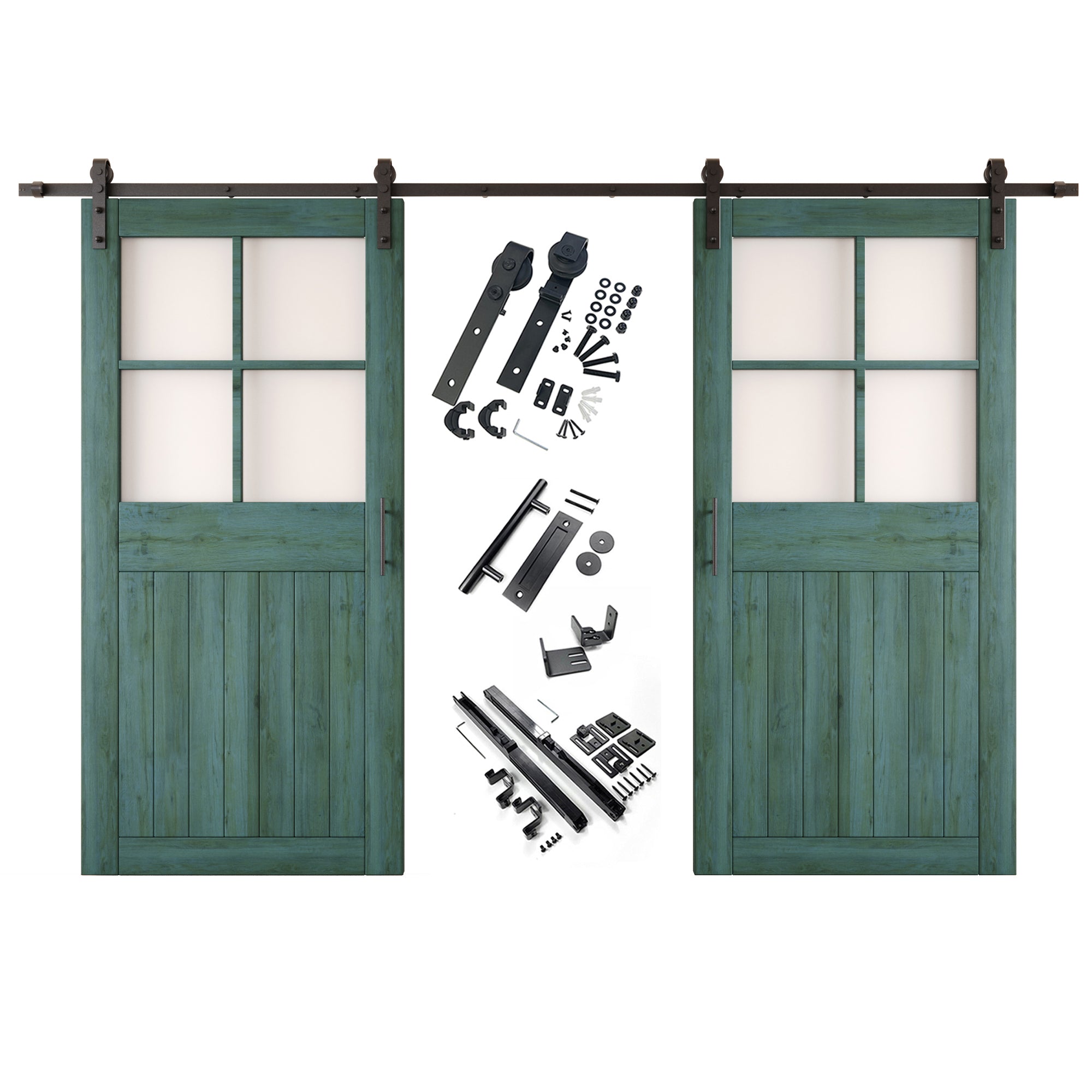84" Height Royal Pine Half Lite Grid Glass Double Unassembled & Finished Pine Wood Barn Doors with Non-Bypass Installation Hardware Kit (Interior Use Only)