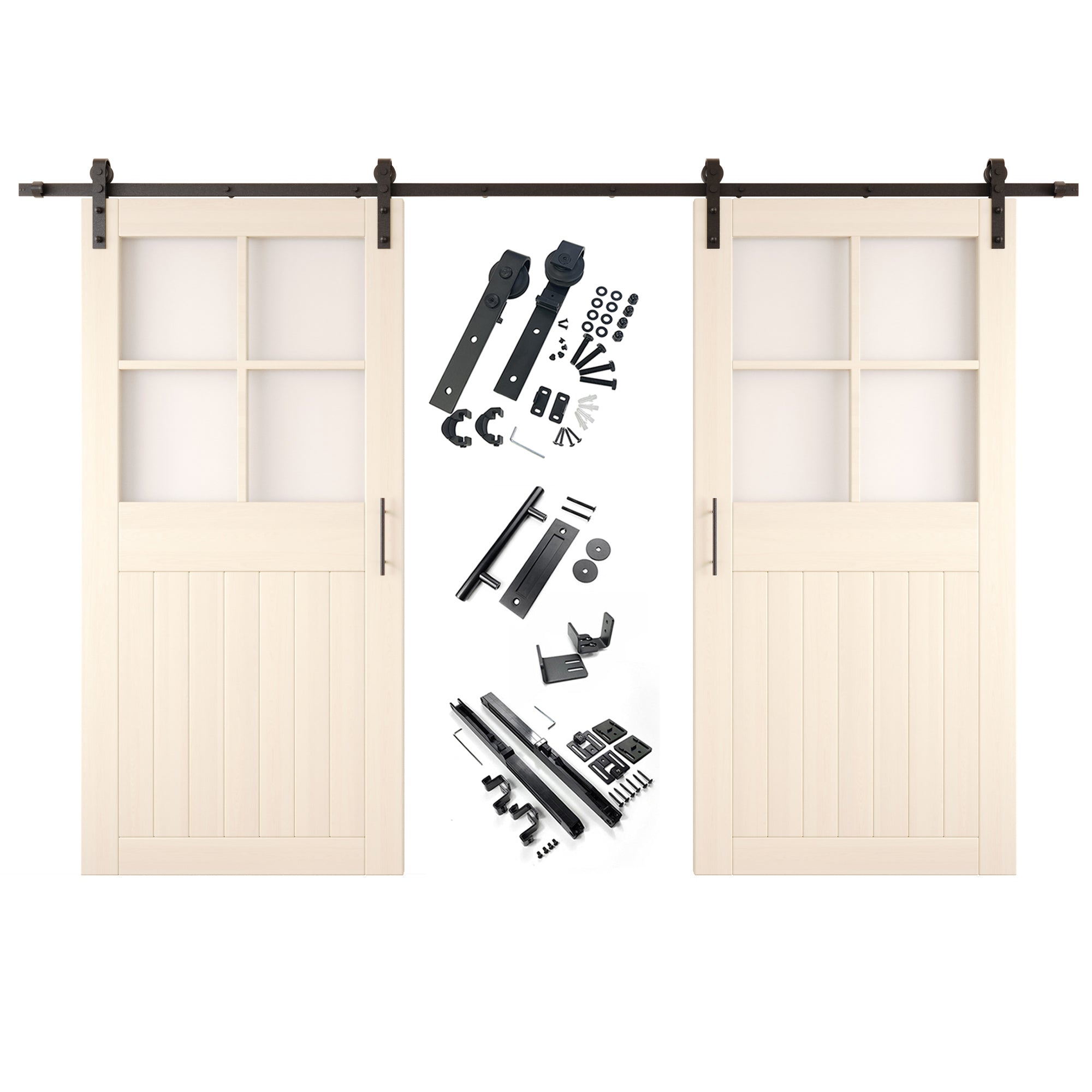 84" Height Tinsmith Gray Half Lite Grid Glass Double Unassembled & Finished Pine Wood Barn Doors with Non-Bypass Installation Hardware Kit (Interior Use Only)