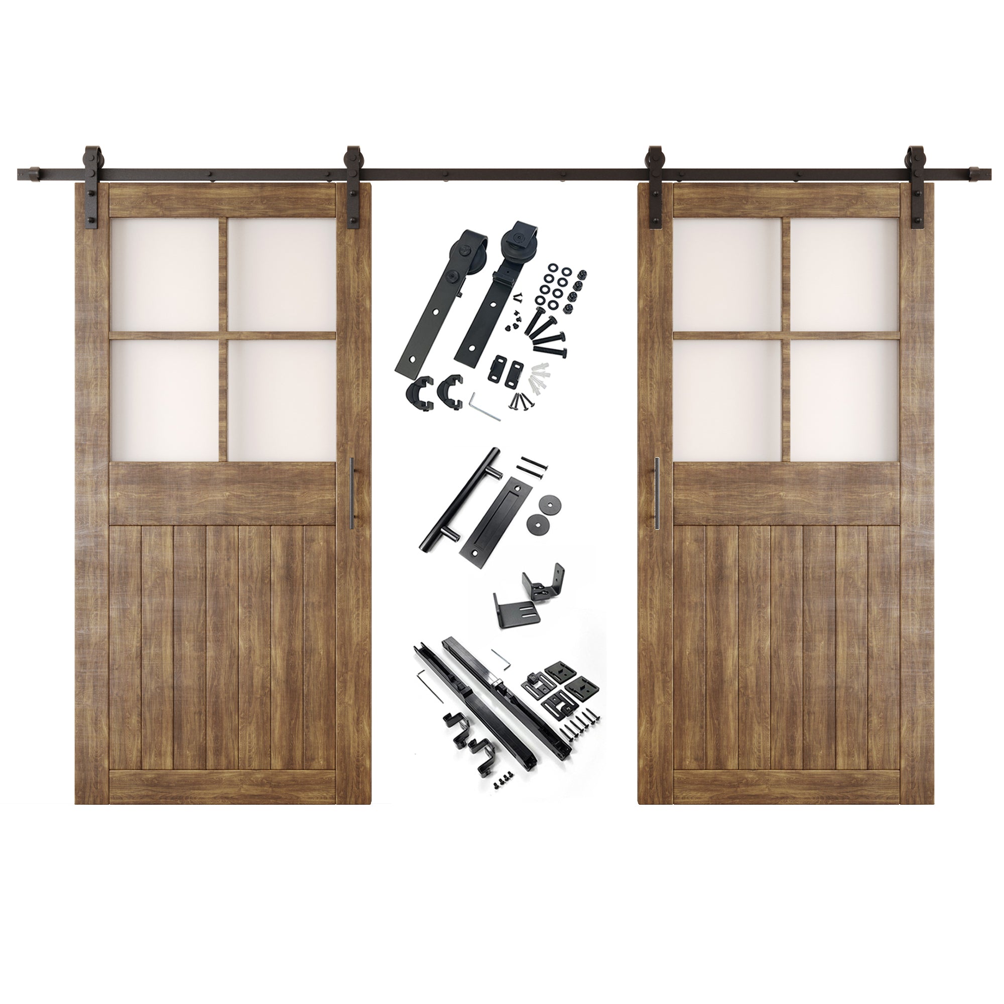 84" Height Dark Walnut Half Lite Grid Glass Double Unassembled & Finished Pine Wood Barn Doors with Non-Bypass Installation Hardware Kit (Interior Use Only)