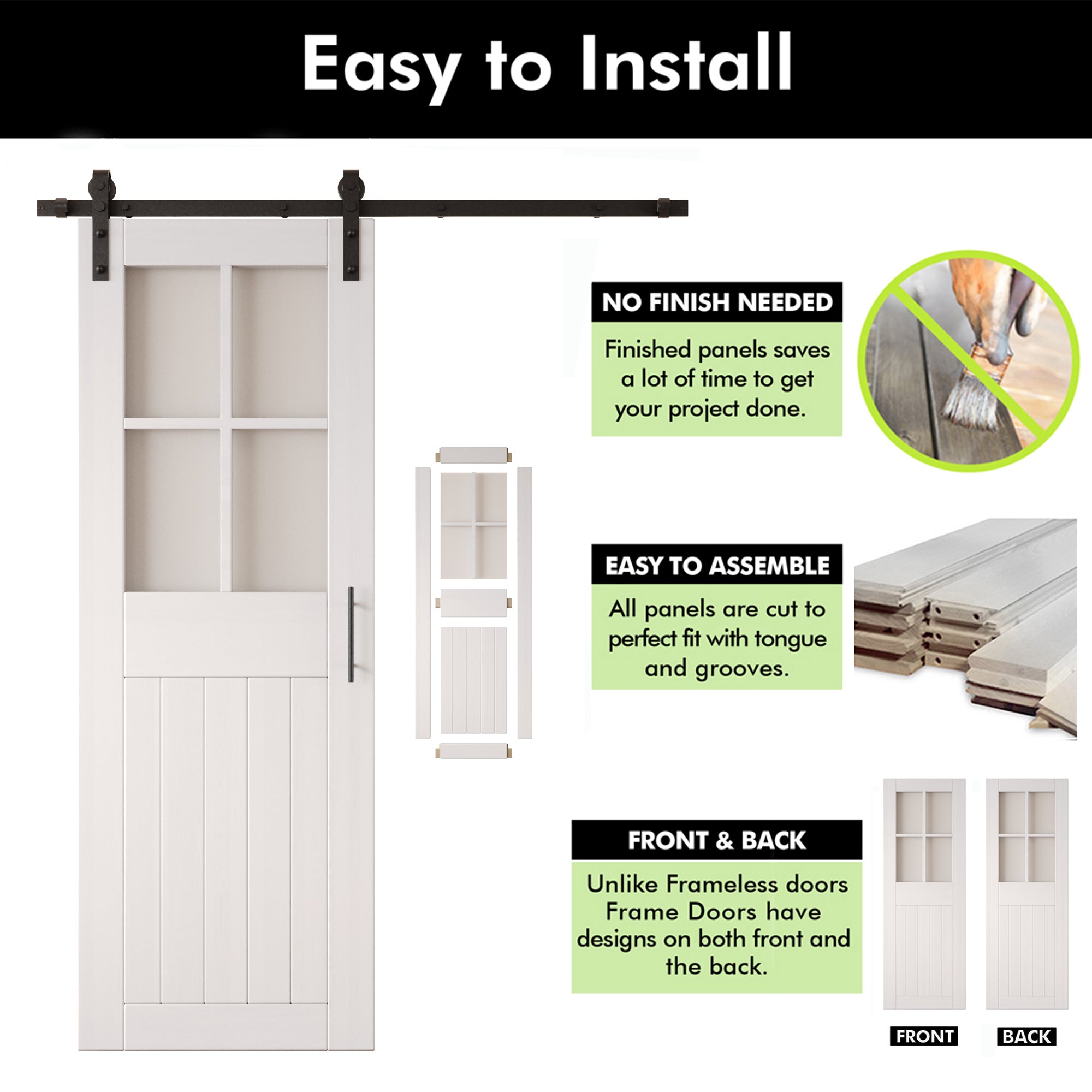 84" Height White Half Lite Grid Glass Double Unassembled & Finished Pine Wood Barn Doors with Non-Bypass Installation Hardware Kit (Interior Use Only)