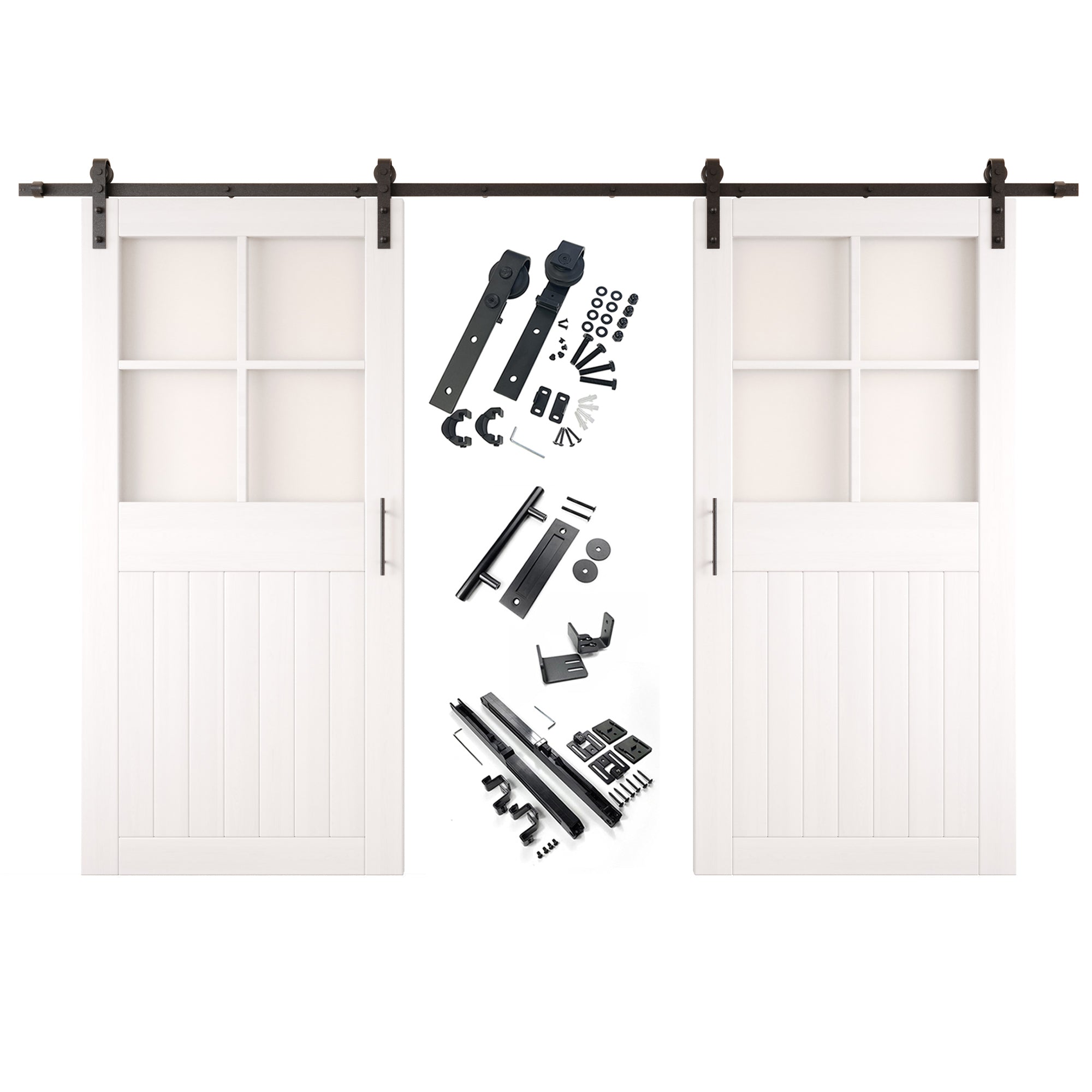 84" Height White Half Lite Grid Glass Double Unassembled & Finished Pine Wood Barn Doors with Non-Bypass Installation Hardware Kit (Interior Use Only)