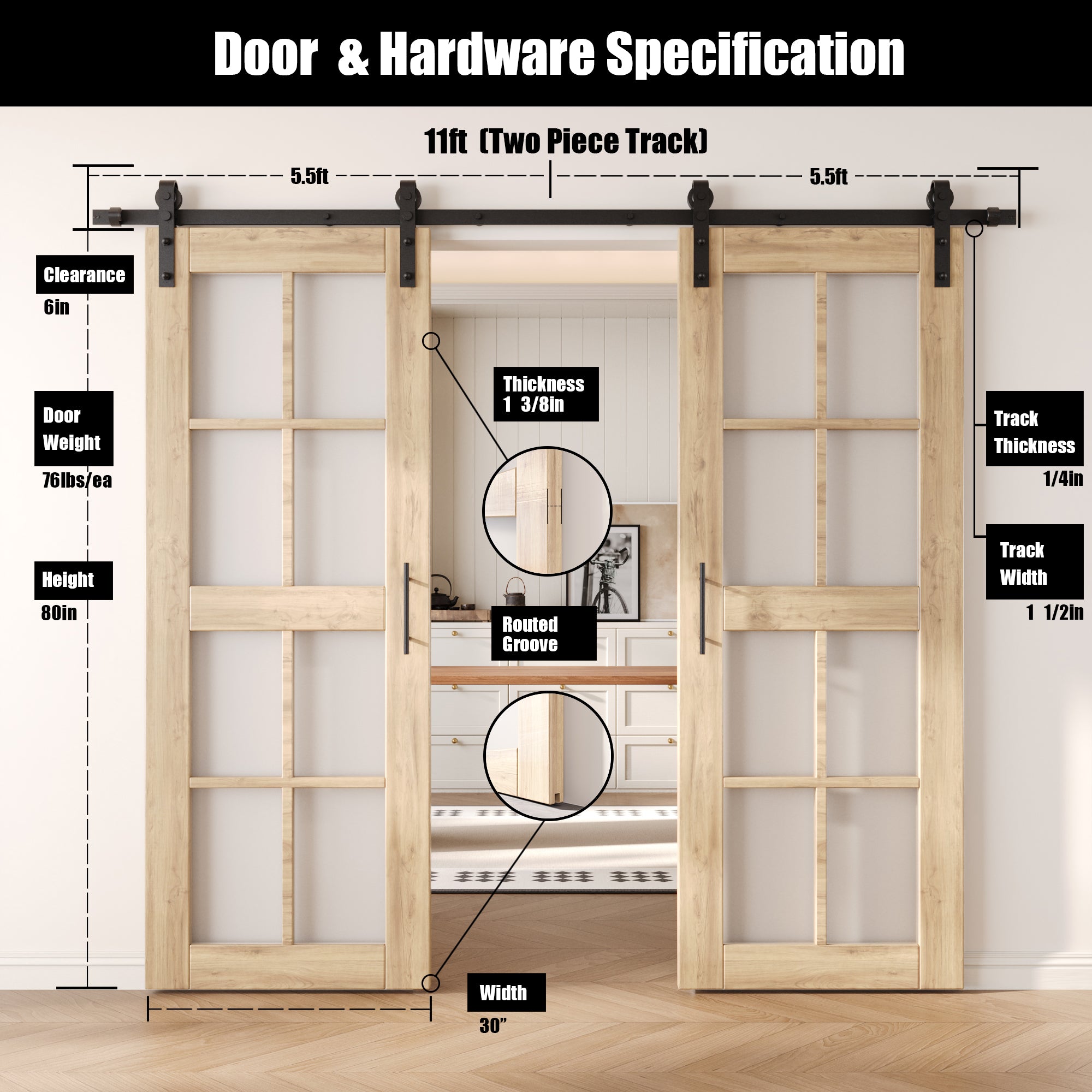 80" Height 8-Lite Frosted Glass Double Unassembled & Unfinished Pine Wood Barn Doors with Non-Bypass Installation Hardware Kit (Interior Use Only)