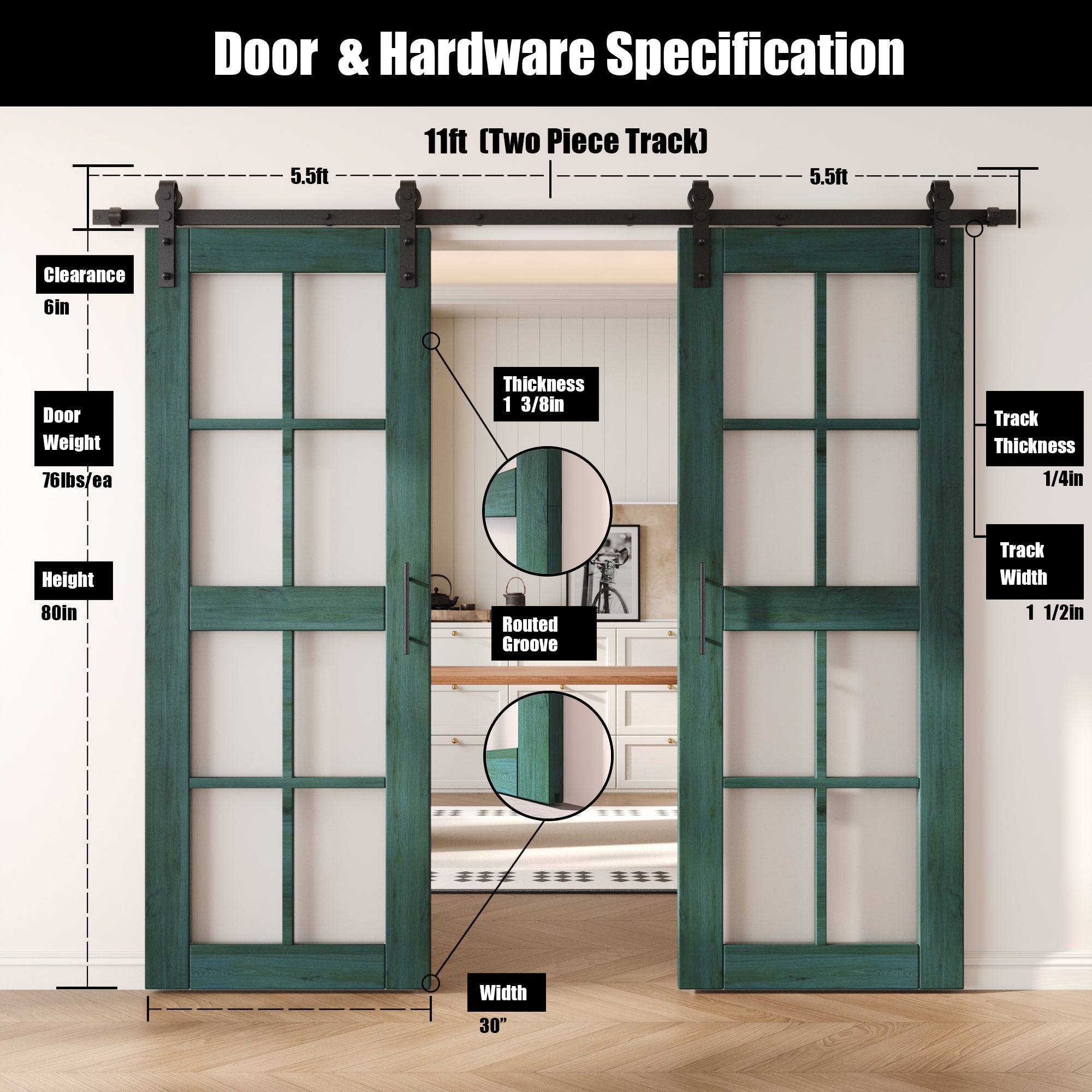 80" Height Royal Pine 8-Lite Frosted Glass Double Unassembled & Finished Pine Wood Barn Doors with Non-Bypass Installation Hardware Kit (Interior Use Only)