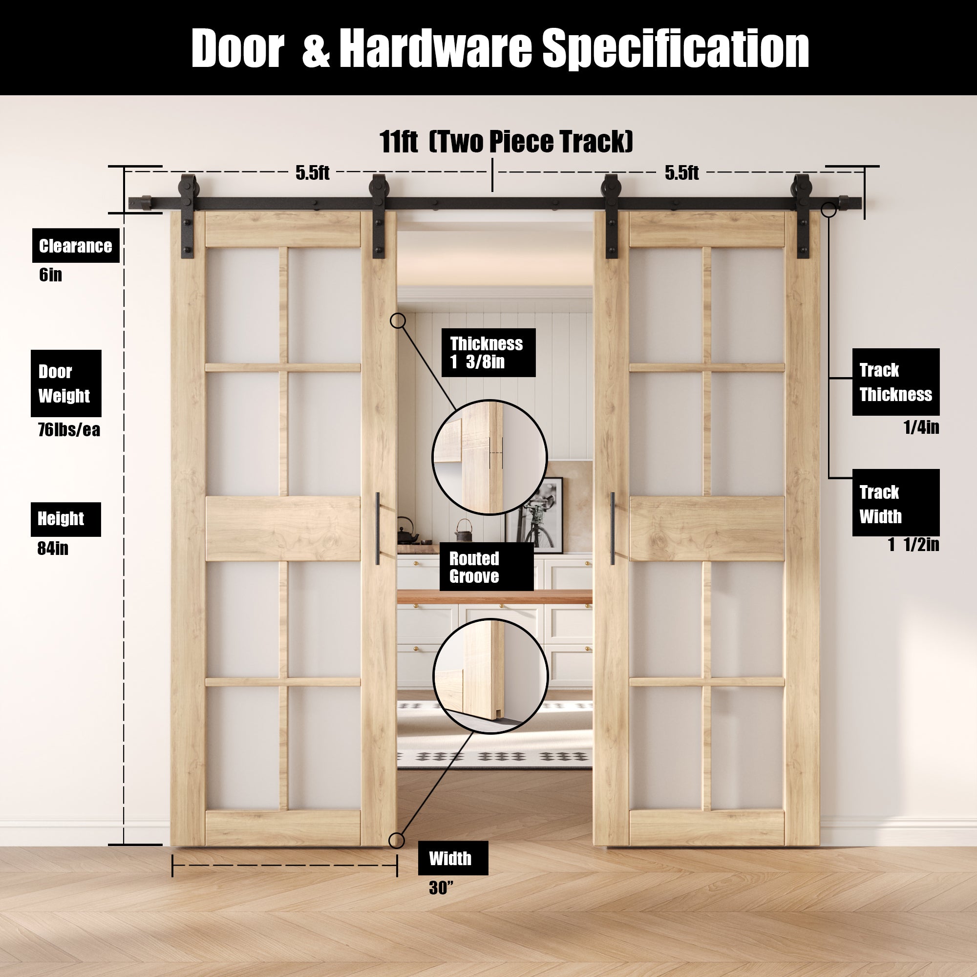 84" Height 8-Lite Frosted Glass Double Unassembled & Unfinished Pine Wood Barn Doors with Non-Bypass Installation Hardware Kit (Interior Use Only)