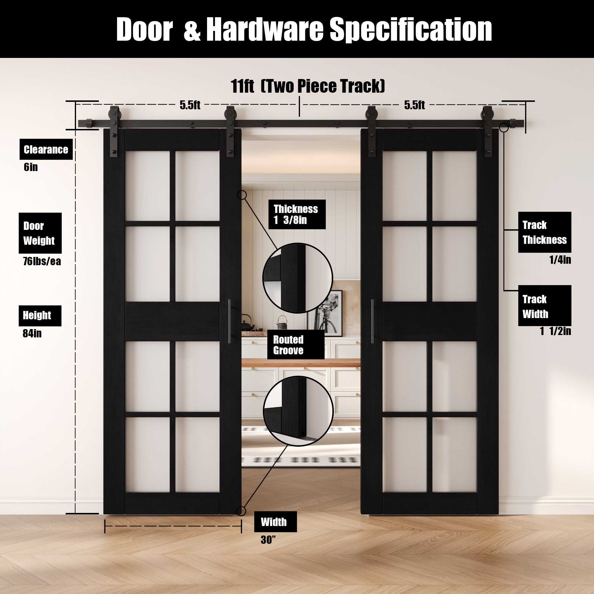 84" Height Black 8-Lite Frosted Glass Double Unassembled & Finished Pine Wood Barn Doors with Non-Bypass Installation Hardware Kit (Interior Use Only)