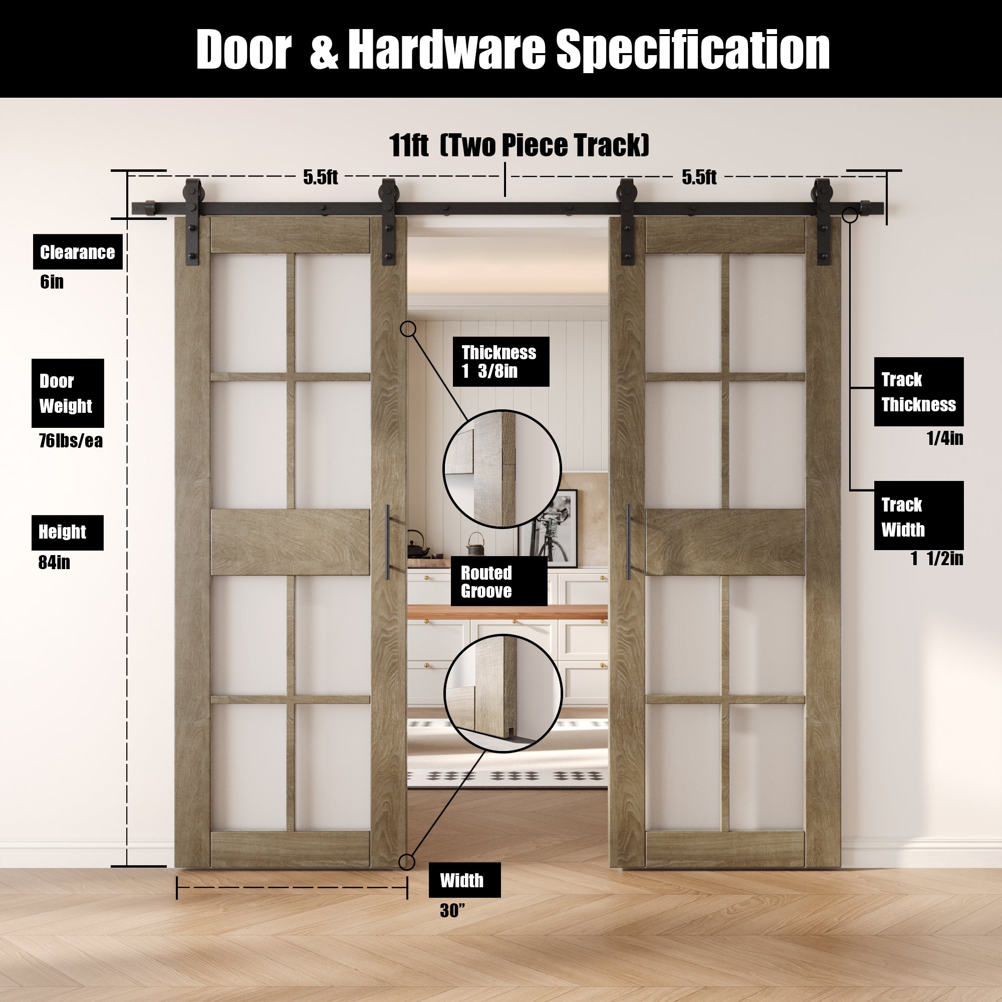 84" Height Classic Gray 8-Lite Frosted Glass Double Unassembled & Finished Pine Wood Barn Doors with Non-Bypass Installation Hardware Kit (Interior Use Only)