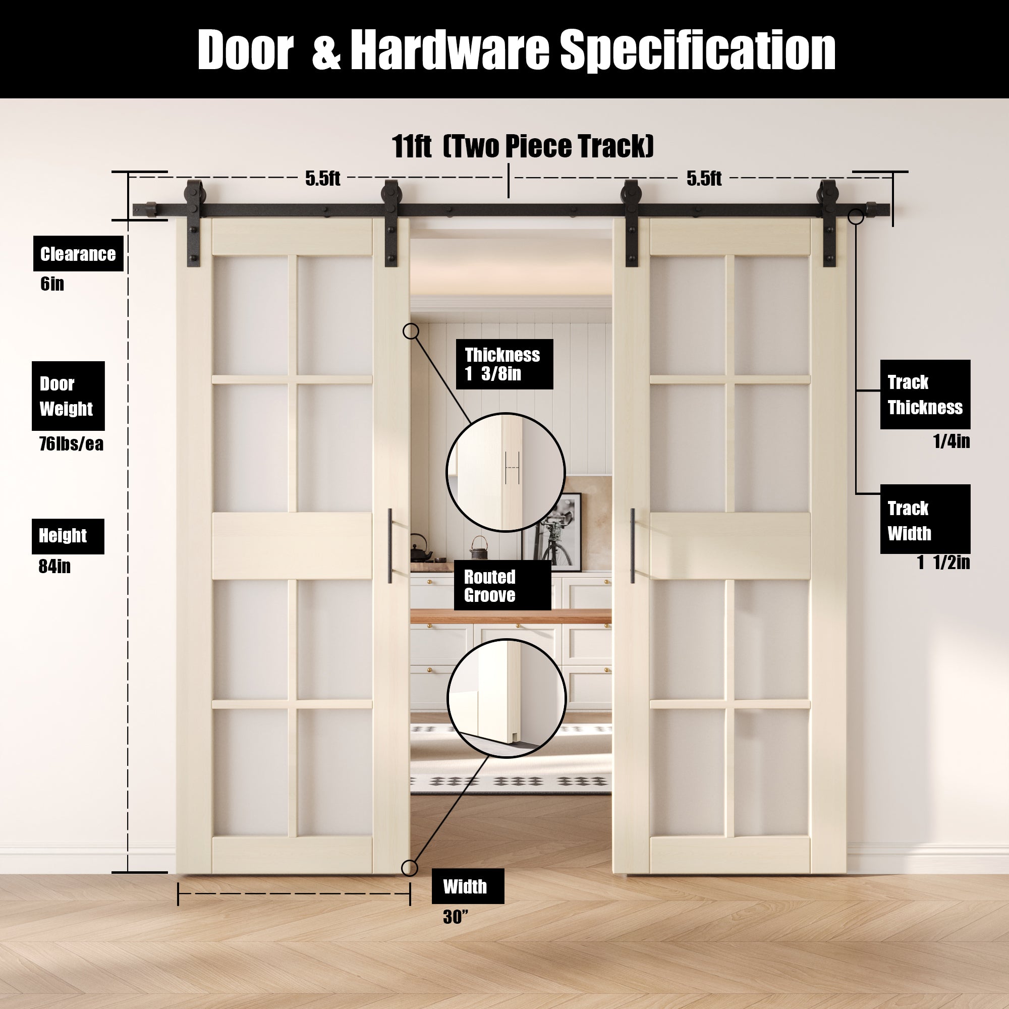 84" Height Tinsmith Gray 8-Lite Frosted Glass Double Unassembled & Finished Pine Wood Barn Doors with Non-Bypass Installation Hardware Kit (Interior Use Only)