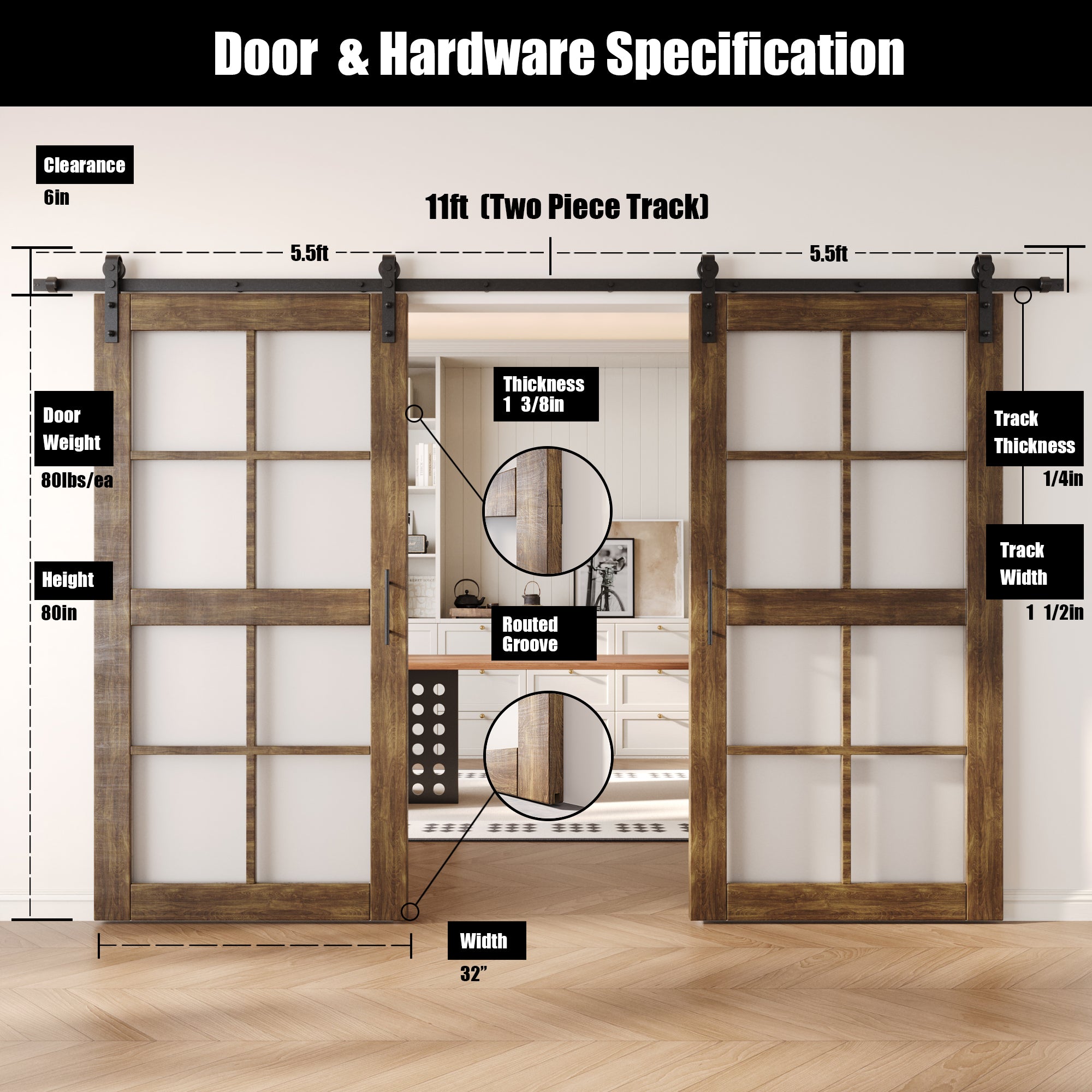 80" Height Dark Walnut 8-Lite Frosted Glass Double Unassembled & Finished Pine Wood Barn Doors with Non-Bypass Installation Hardware Kit (Interior Use Only)