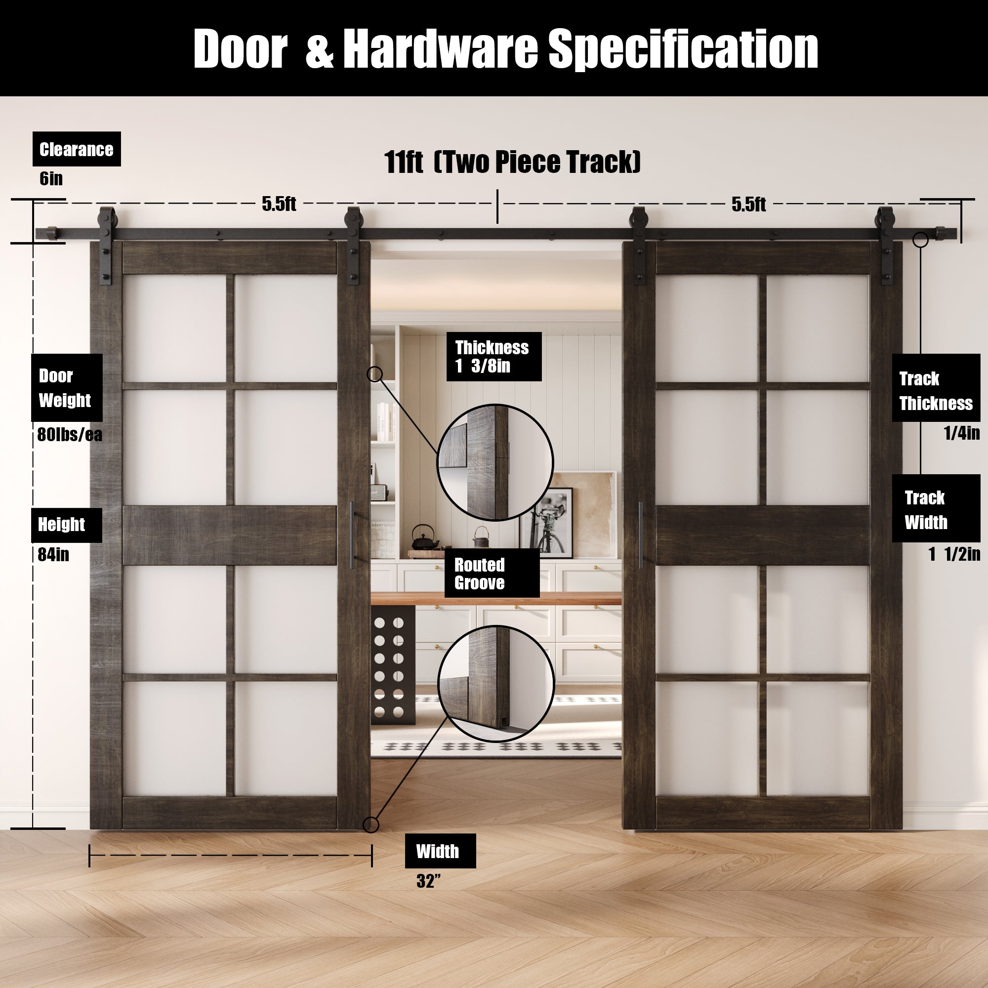 84" Height Ebony 8-Lite Frosted Glass Double Unassembled & Finished Pine Wood Barn Doors with Non-Bypass Installation Hardware Kit (Interior Use Only)