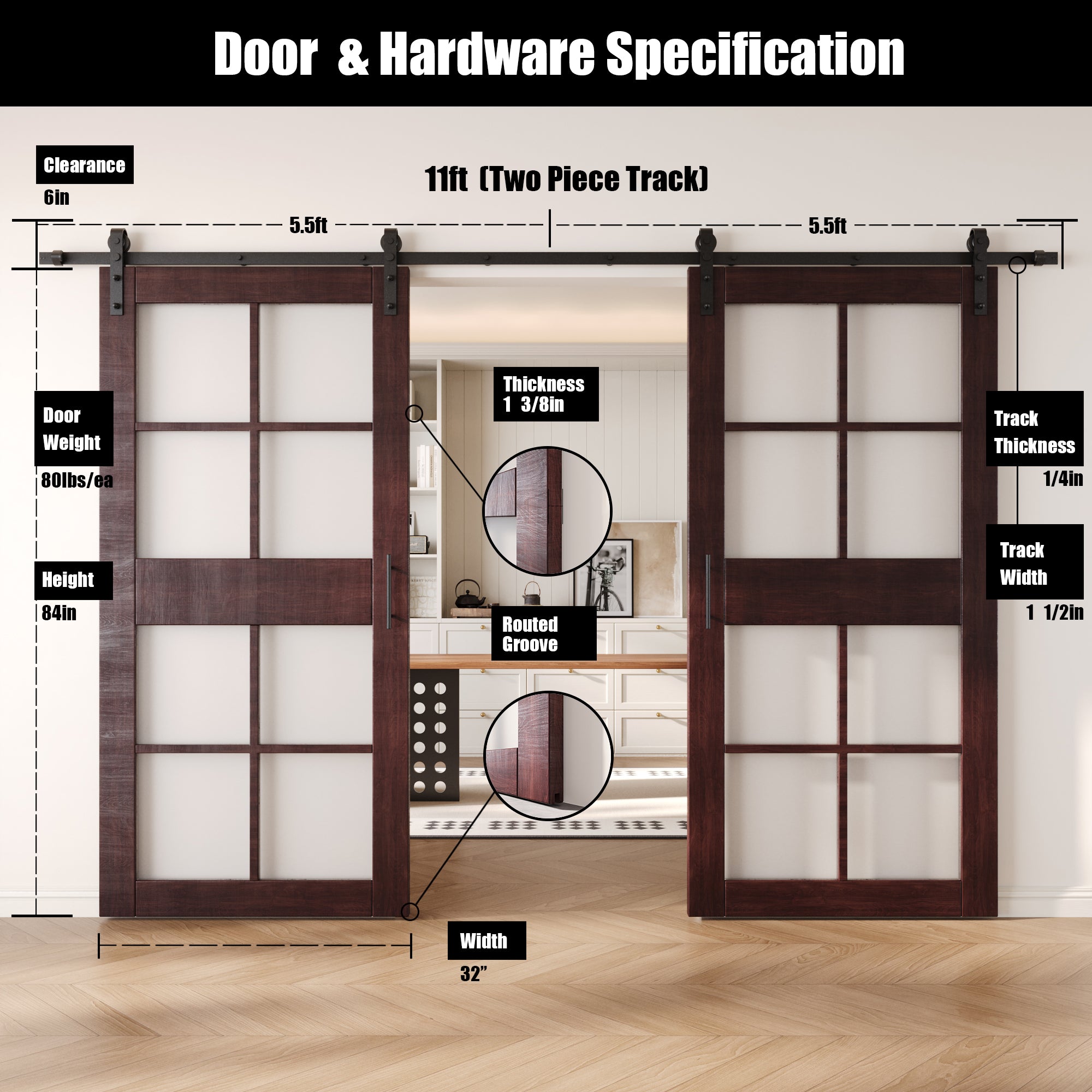 84" Height Red Mahogany 8-Lite Frosted Glass Double Unassembled & Finished Pine Wood Barn Doors with Non-Bypass Installation Hardware Kit (Interior Use Only)