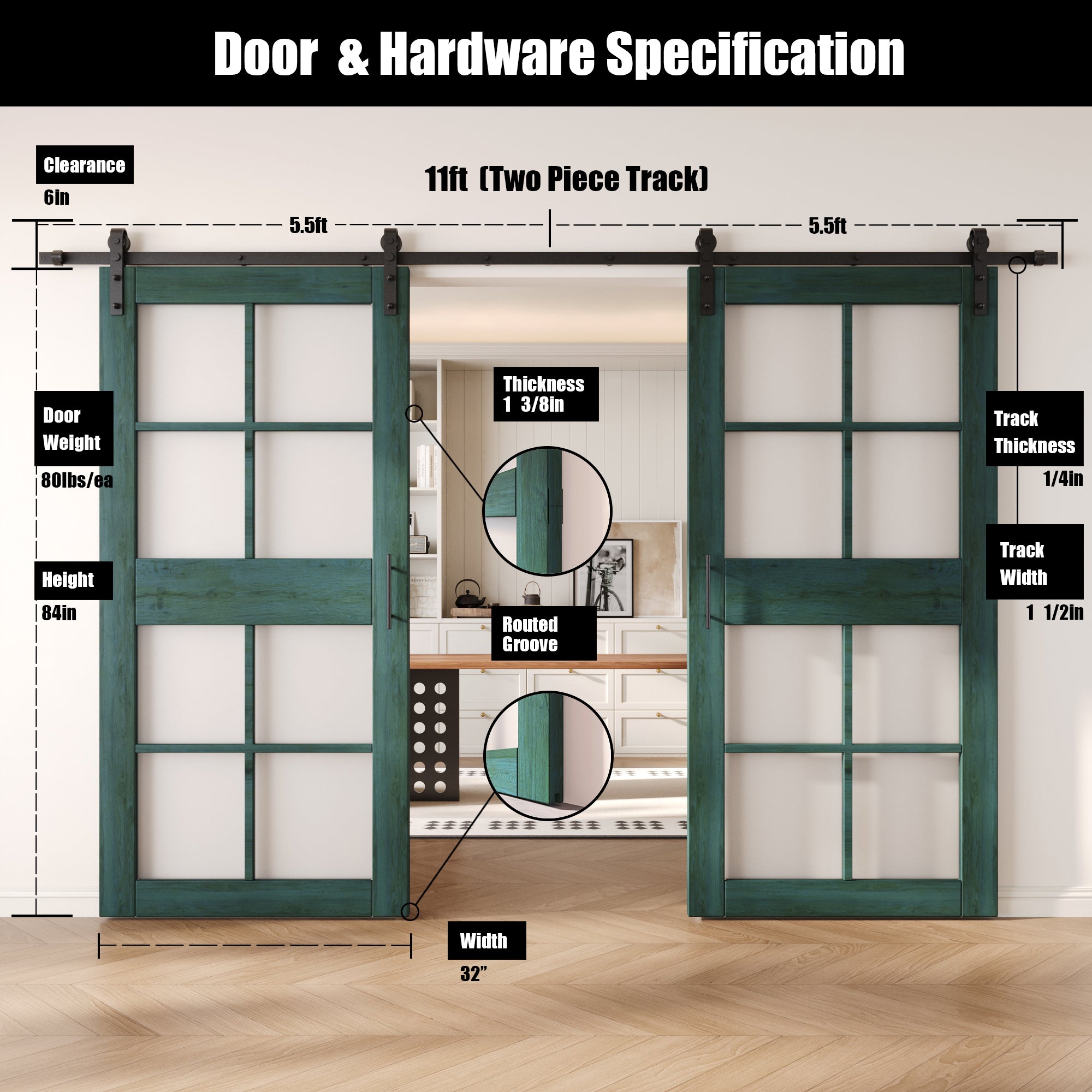 84" Height Royal Pine 8-Lite Frosted Glass Double Unassembled & Finished Pine Wood Barn Doors with Non-Bypass Installation Hardware Kit (Interior Use Only)