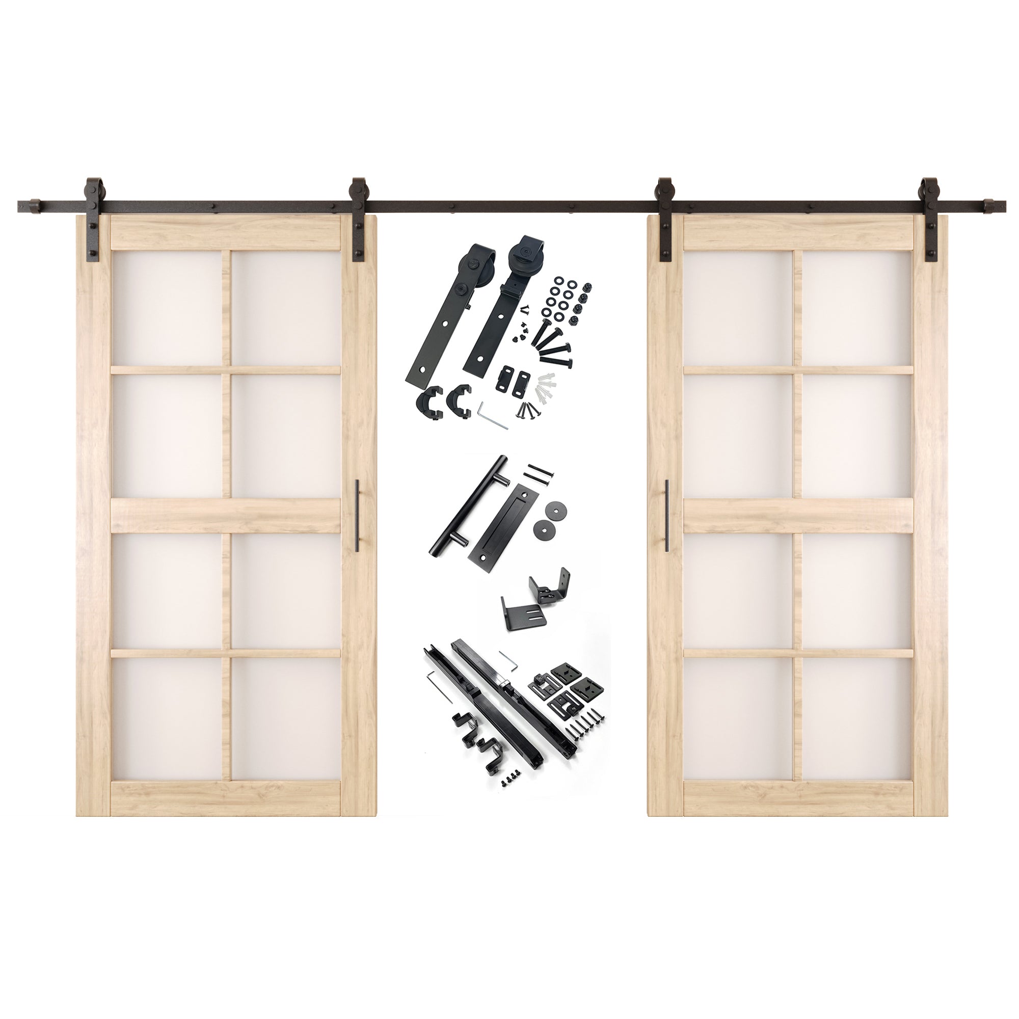 80" Height 8-Lite Frosted Glass Double Unassembled & Unfinished Pine Wood Barn Doors with Non-Bypass Installation Hardware Kit (Interior Use Only)
