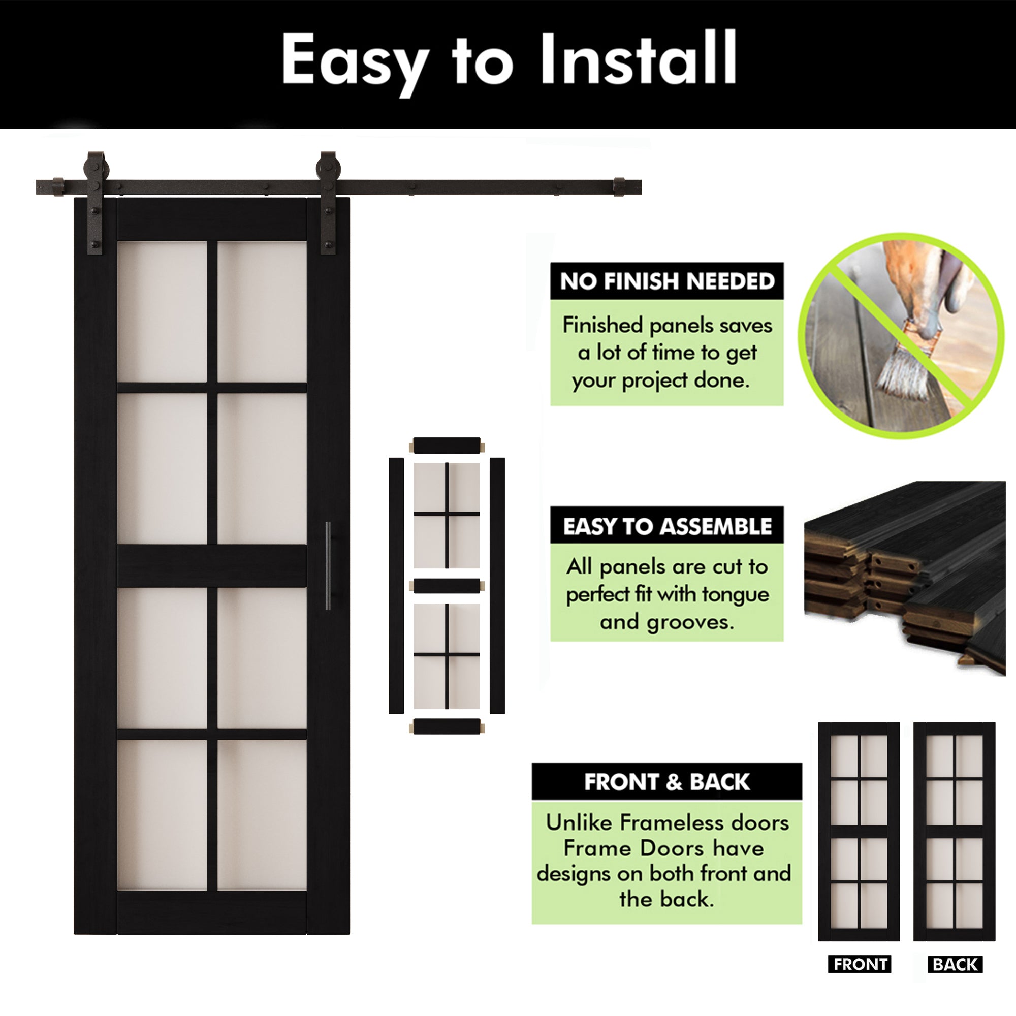 80" Height Black 8-Lite Frosted Glass Double Unassembled & Finished Pine Wood Barn Doors with Non-Bypass Installation Hardware Kit (Interior Use Only)