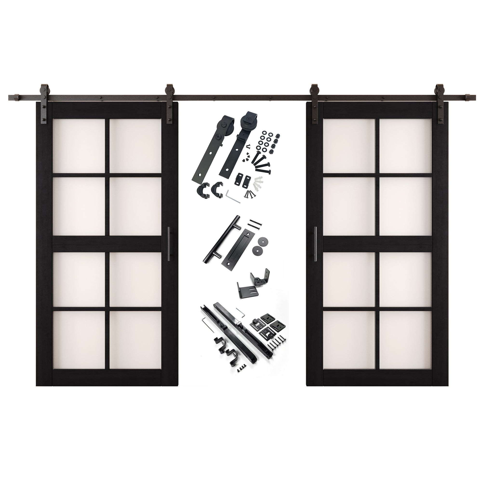 80" Height Black 8-Lite Frosted Glass Double Unassembled & Finished Pine Wood Barn Doors with Non-Bypass Installation Hardware Kit (Interior Use Only)