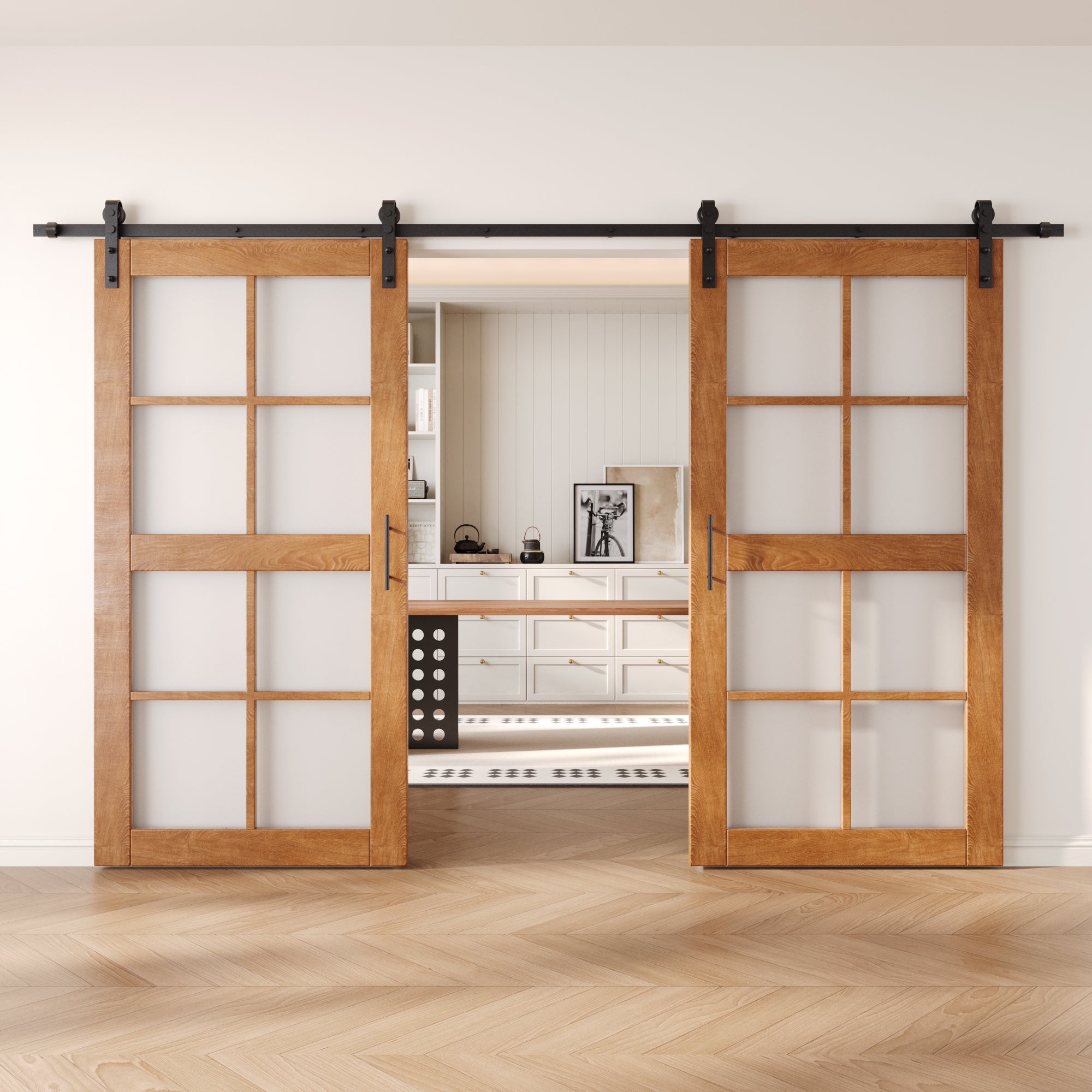 80" Height Early American 8-Lite Frosted Glass Double Unassembled & Finished Pine Wood Barn Doors with Non-Bypass Installation Hardware Kit (Interior Use Only)